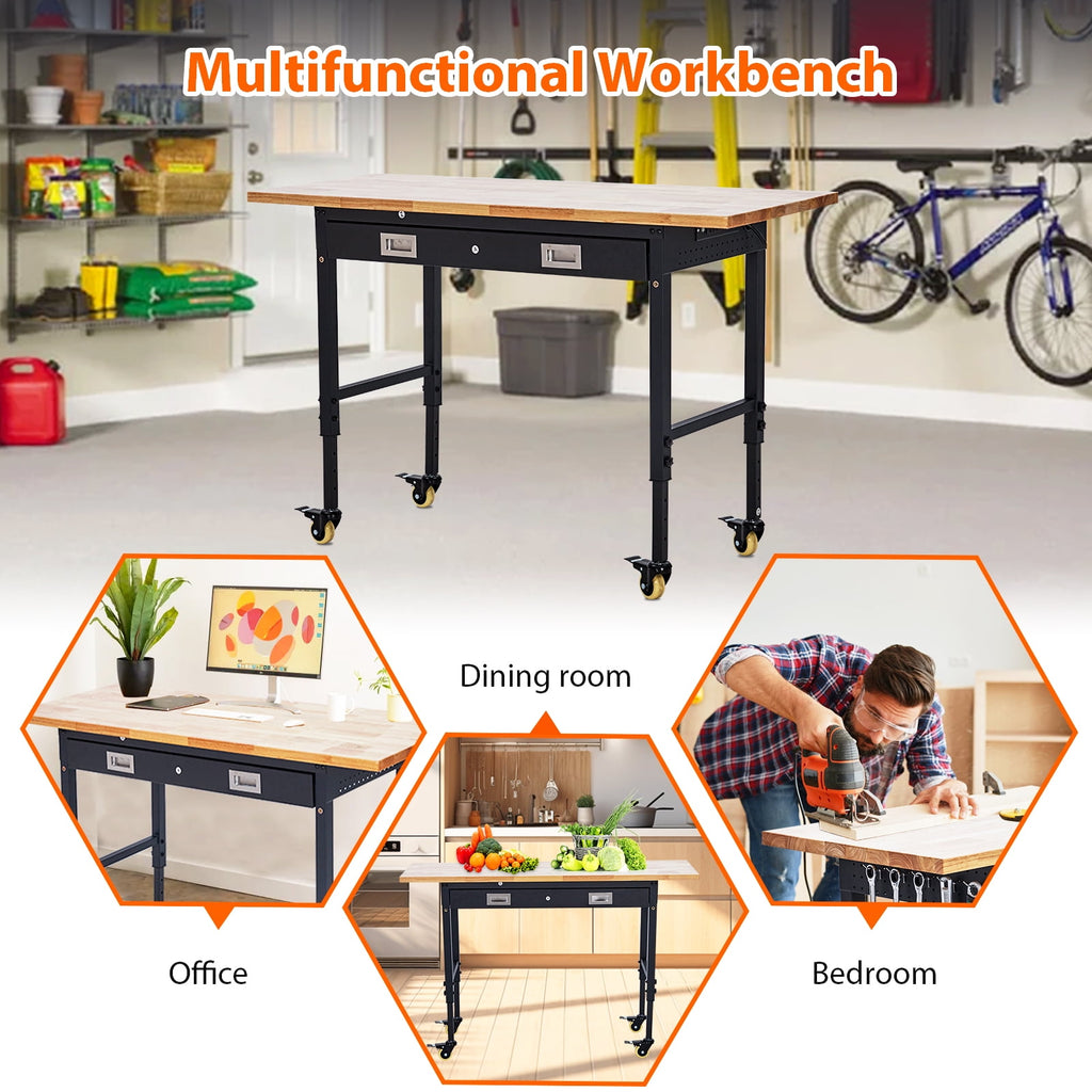 Garvee 60 x 22 in Garage Workbench with Rubber Wood Top & Cold Rolled Steel Structure, Work Bench with Drawer, Power Strip with 9 ft Cord