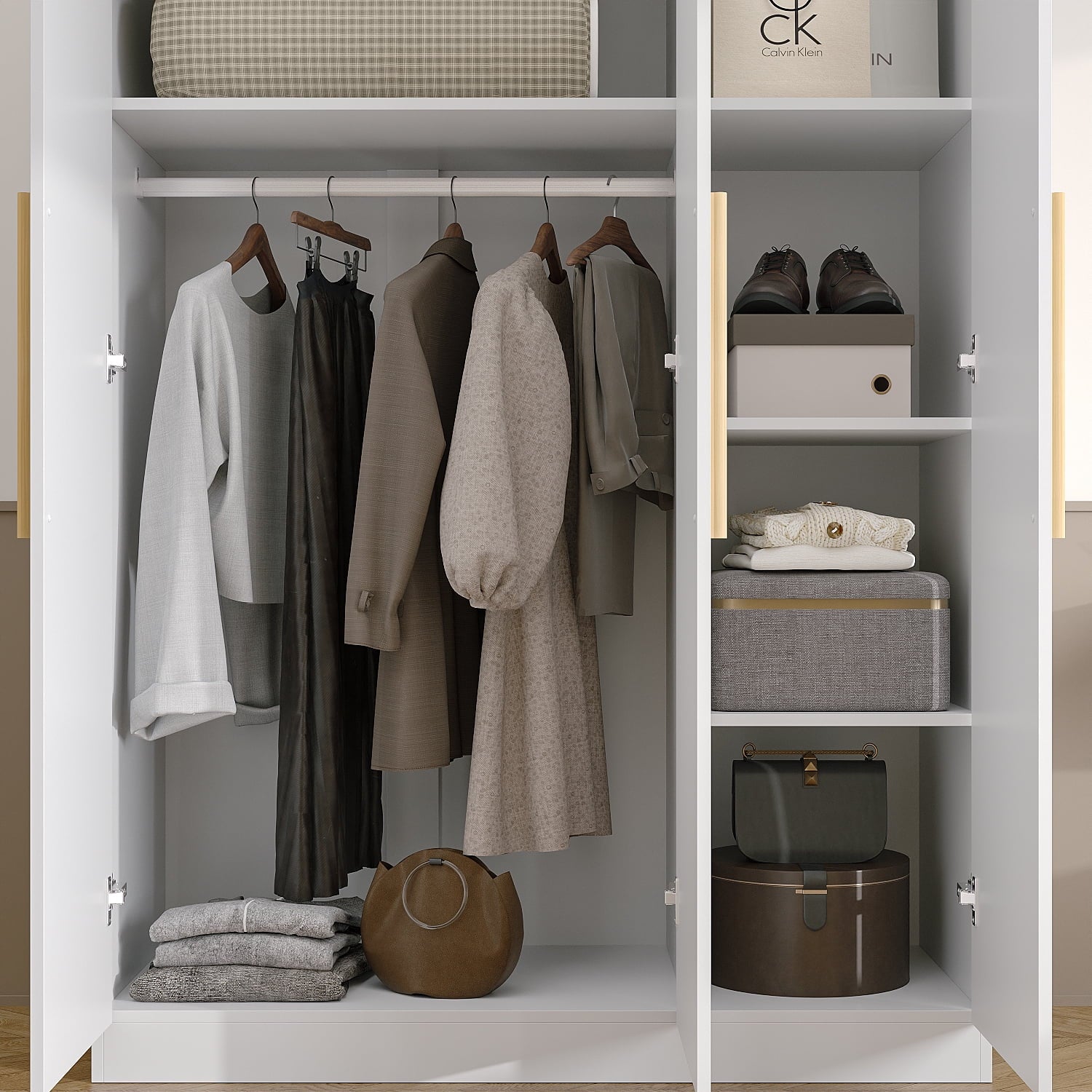 Wiawg 2 Door Wardrobe Armoire,Mirrored Closet Storage with Drawers and Shelves,White