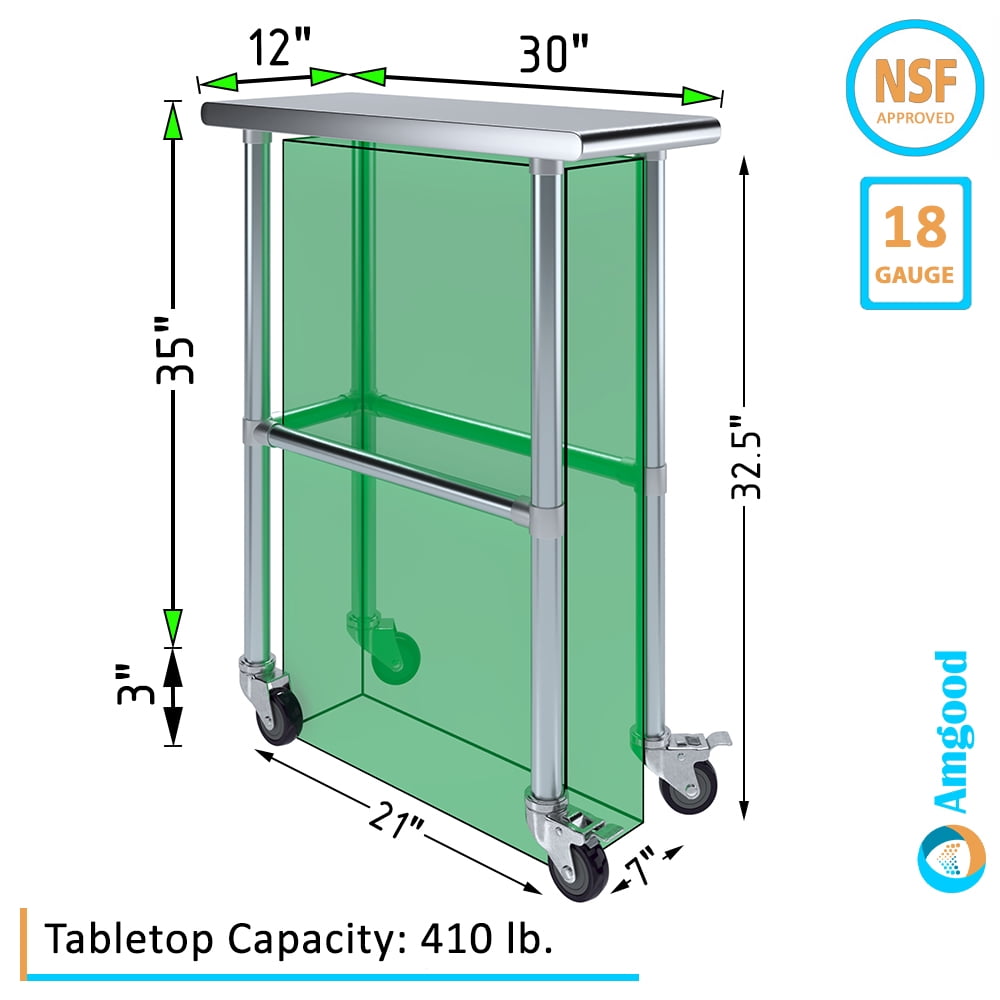 AmGood 36 Long x 30 Deep Stainless-Steel Work Table with Open Base and Wheels, Mobile Metal Table