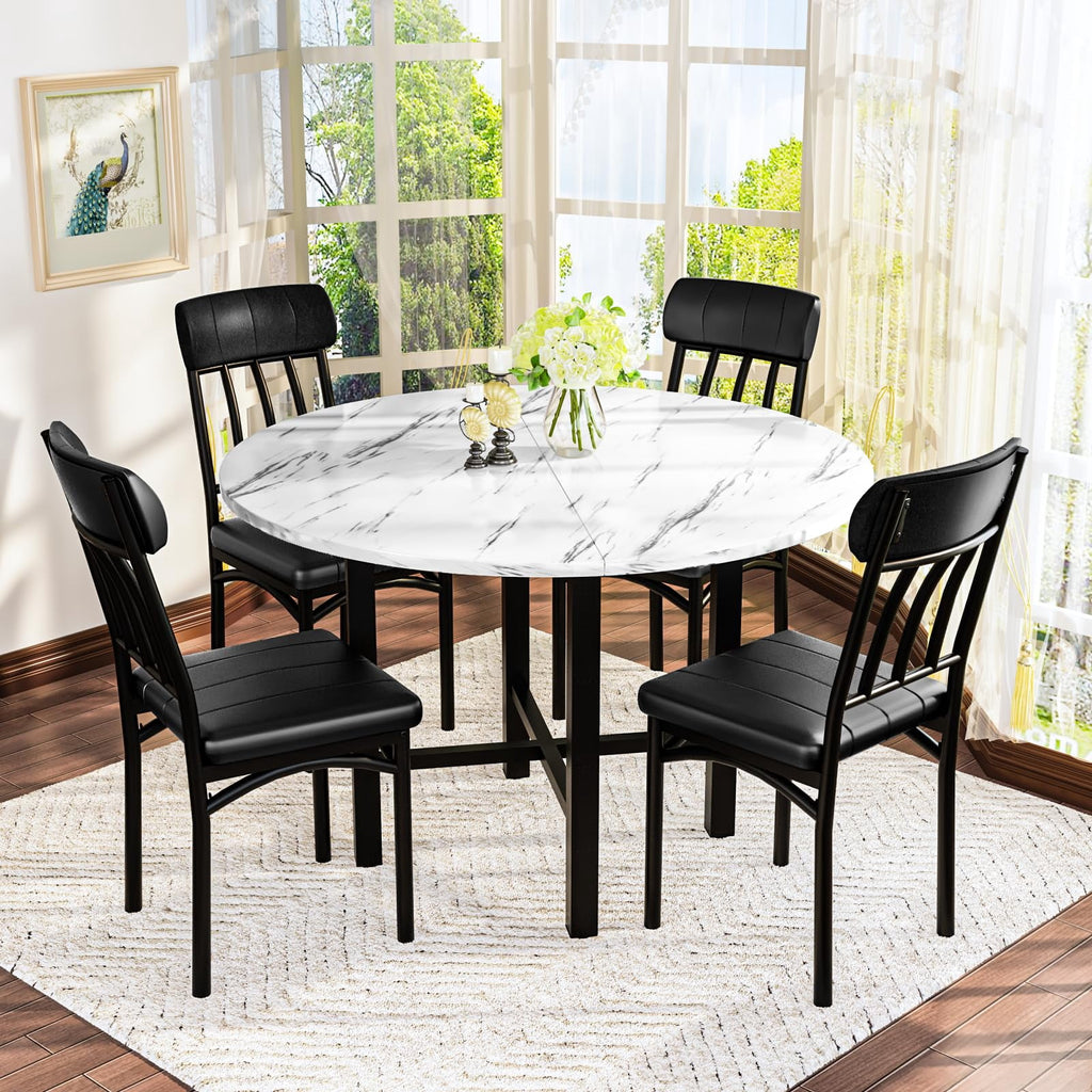 MOOSENG Round Dining Table Set for 4,Faux Marble Circle Dining Table Set with Chairs,Modern Kitchen Table and Chairs Set for 4,Round Dinner Table & Chair Set for Small Space
