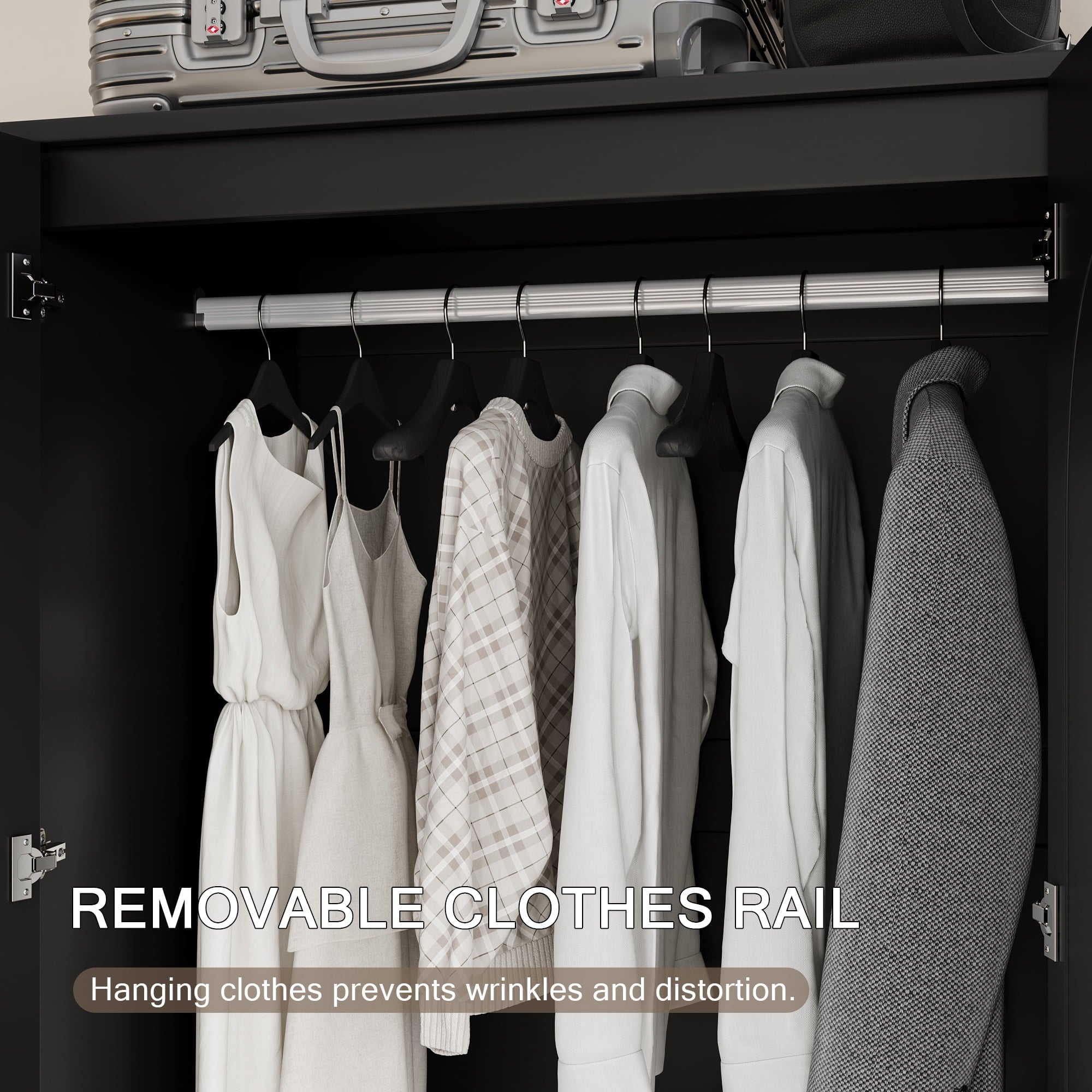 iPormis Wooden Armoire Wardrobe Closet with 2 Drawers, Clothing Storage Cabinet with Shelves Aluminum Hanging Rod, Sturdy Freestanding Modern Bedroom Clothing Armoires, White