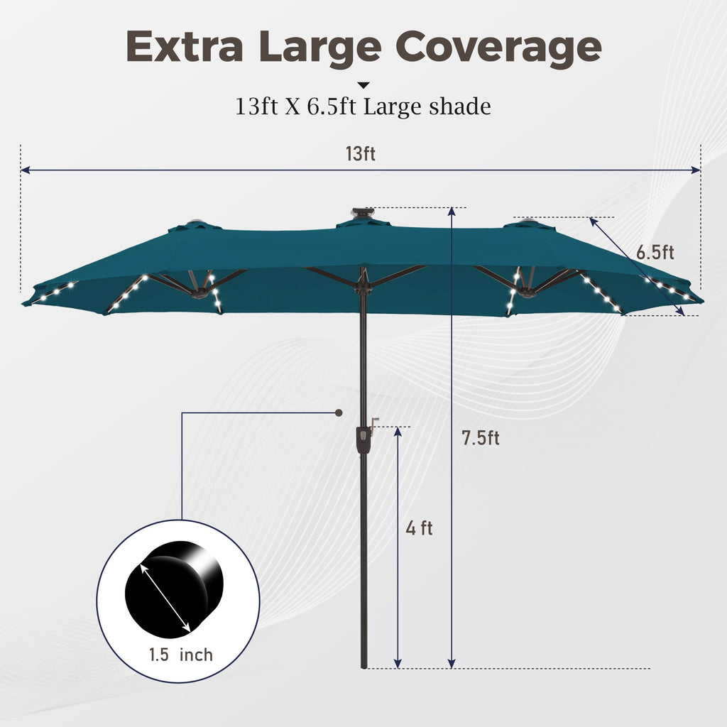 Alpha Joy 13ft Large Double-Sided Outdoor Patio Umbrella with Colorful Solar Lights, Navy Blue