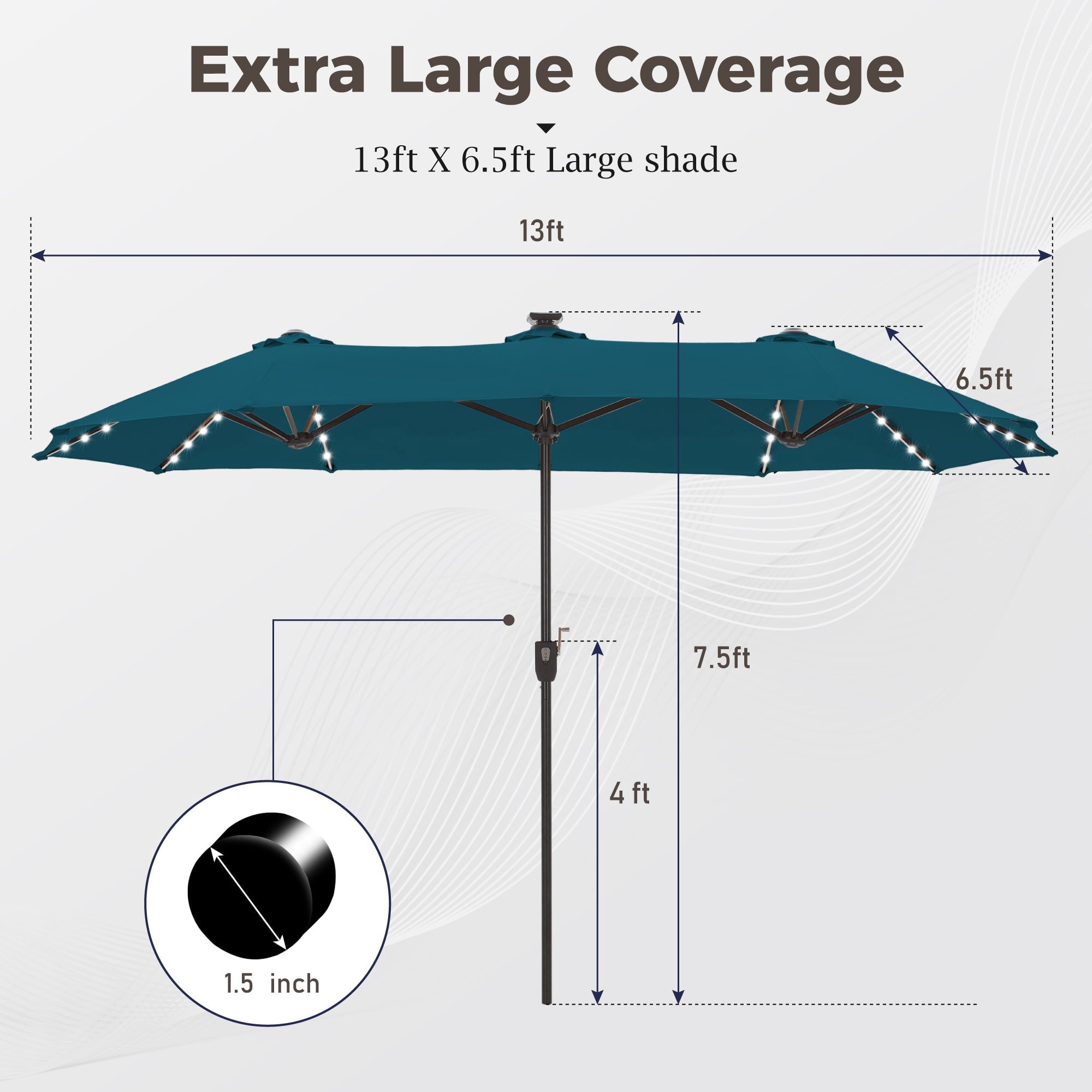 Alpha Joy 13ft Large Double-Sided Outdoor Patio Umbrella with Colorful Solar Lights, Navy Blue