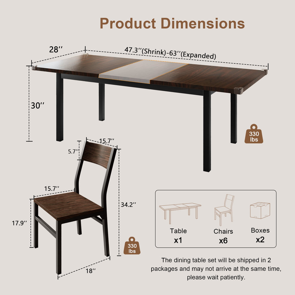 iPormis 63 Extendable Kitchen Table Set for 4-6 People, 7-Piece Large Dining Table Set with 6 Chairs,Mid-Century Dining Room Table,Espresso