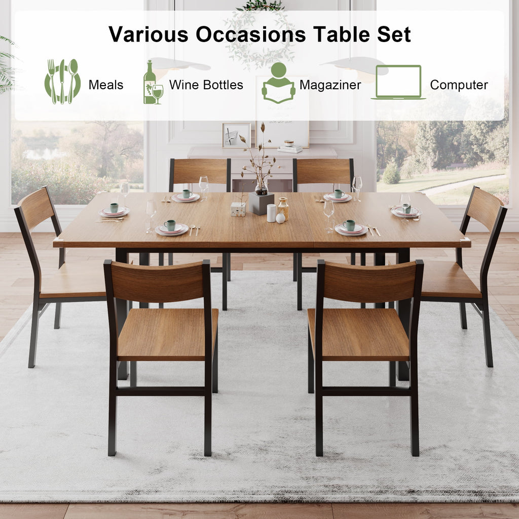 iPormis 63 Extendable Kitchen Table Set for 4-6 People, 7-Piece Large Dining Table Set with 6 Chairs,Mid-Century Dining Room Table,Espresso