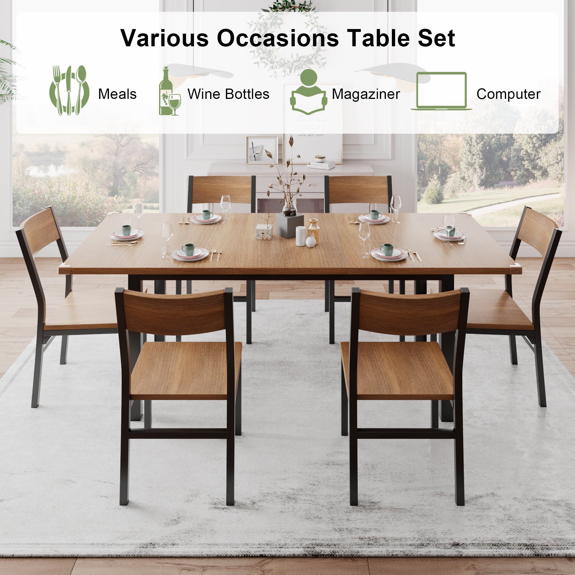 iPormis 63 Extendable Kitchen Table Set for 4-6 People, 7-Piece Large Dining Table Set with 6 Chairs,Mid-Century Dining Room Table,Espresso