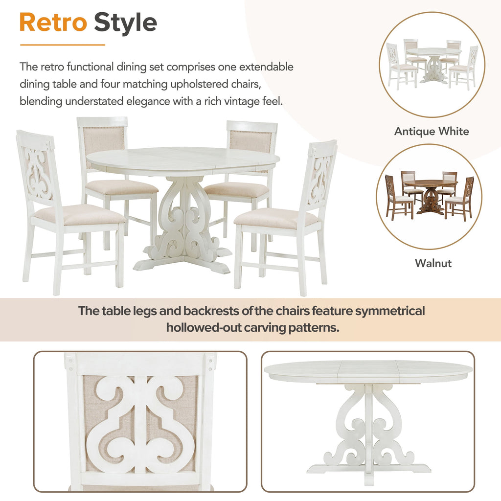 Harper & Bright Designs Farmhouse 5 Piece Kitchen Dining Table Set for 4, Solid Wood Extendable Round Dining Table Set and 4 Upholstered Chairs, Retro Dining Set for Kitchen, Natural Wood Wash
