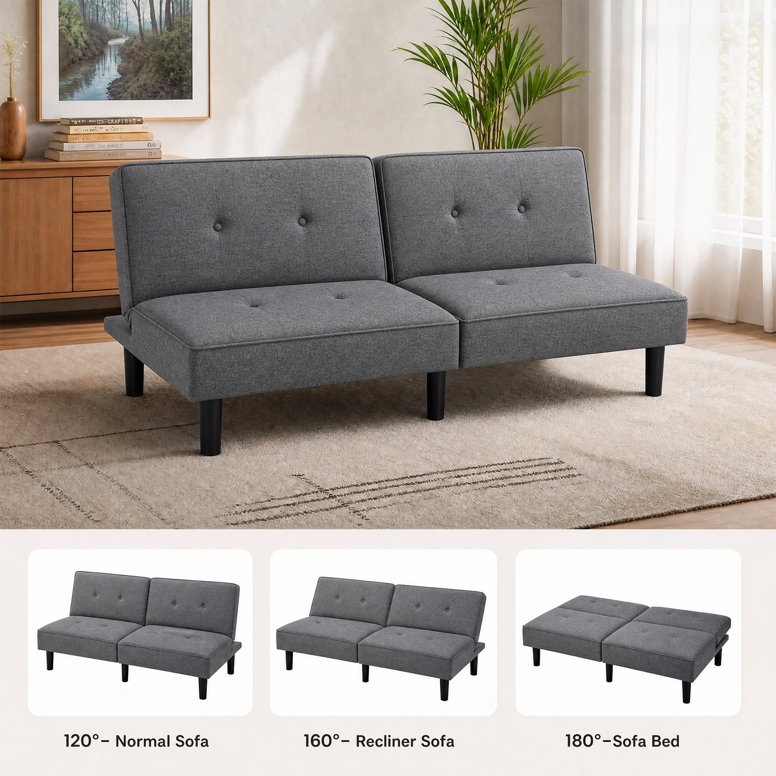 CloudRest Pro 72 Modern Convertible Futon Sofa Bed, Upholstered Futon Couch with 5 Adjustable Backrest Angles,Suitable for Apartment,Living Room,Black