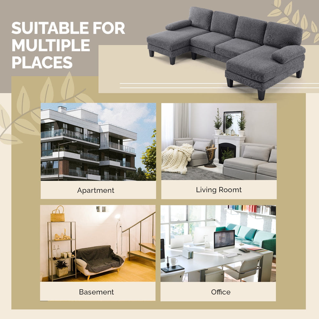Ktaxon U-Shaped Sectional Sofa Set with Chaise, 4-Seater Blended Chenille Couch for Living Room, Apartment, Easy Assembly Khaki