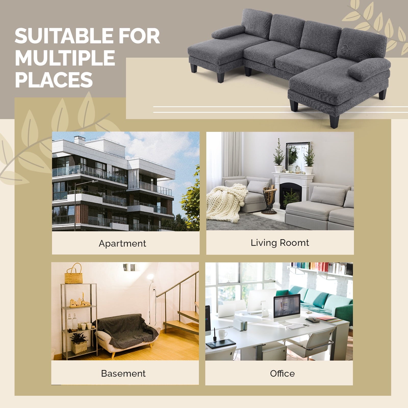 Ktaxon U-Shaped Sectional Sofa Set with Chaise, 4-Seater Blended Chenille Couch for Living Room, Apartment, Easy Assembly Khaki