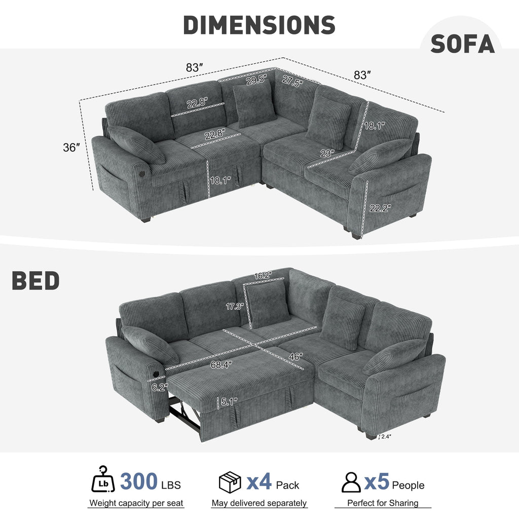 BedLuxury 83 Sectional Sleeper Sofa With Pull Out Bed, Storage Seat & USB Charging, L Shape Modern Couch for Living Room, Corduroy Gray