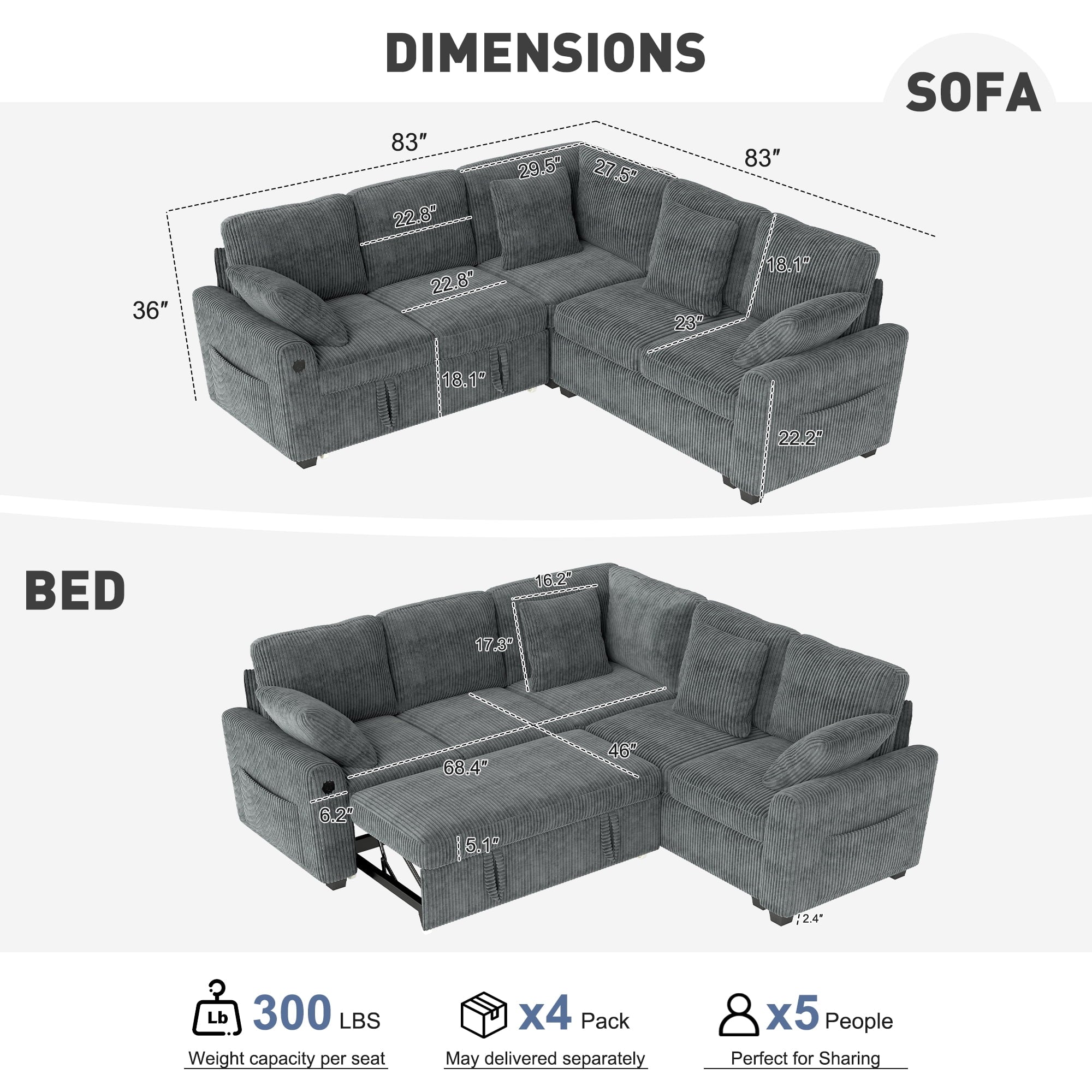 BedLuxury 83 Sectional Sleeper Sofa With Pull Out Bed, Storage Seat & USB Charging, L Shape Modern Couch for Living Room, Corduroy Gray