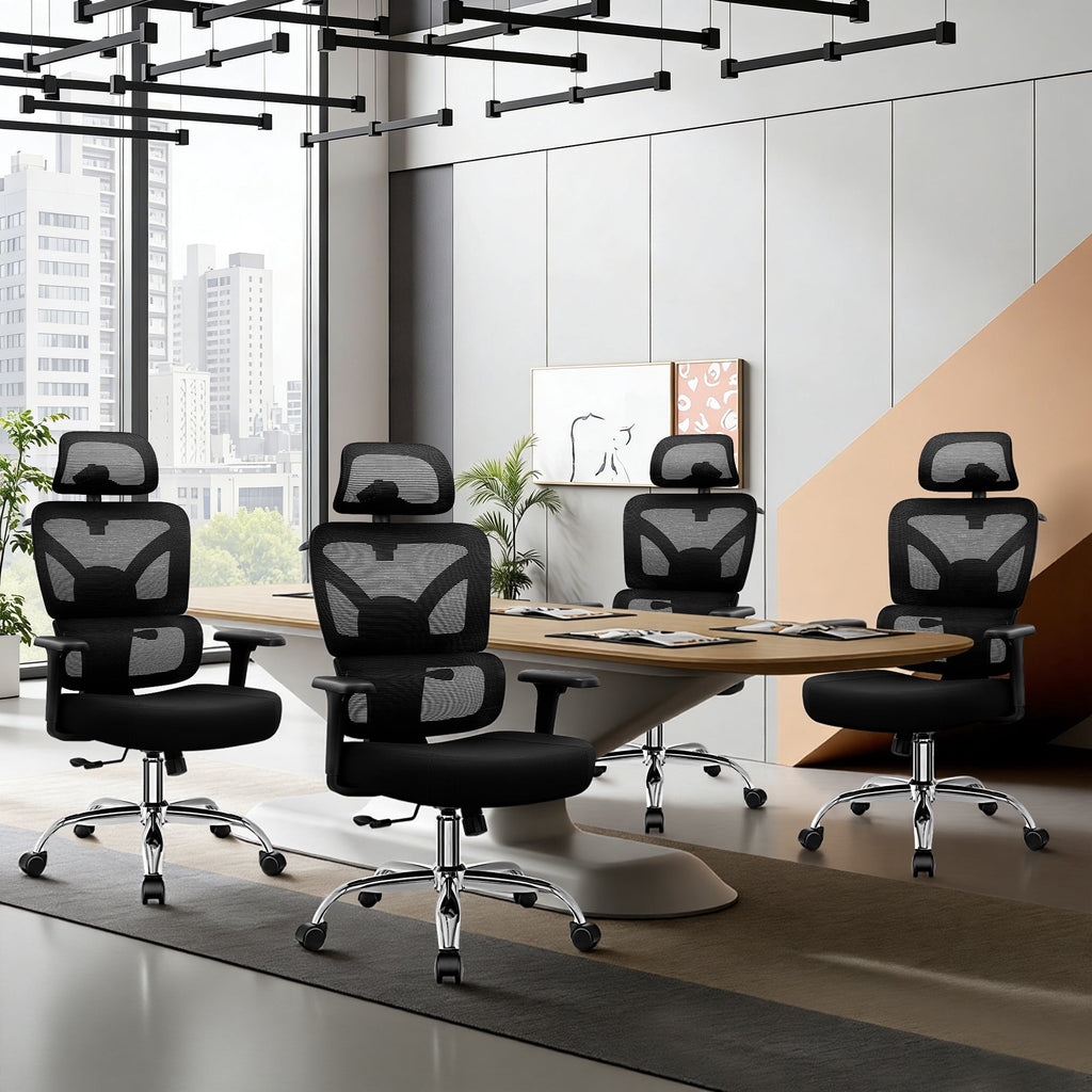 COOLHUT Ergonomic Mesh Office Chair with Footrest, Big and Tall Computer Desk Chair with Adjustable Lumbar Support, Headrest and Armrest, High Back Home Office Chair for Workspace, 300LBS, Black