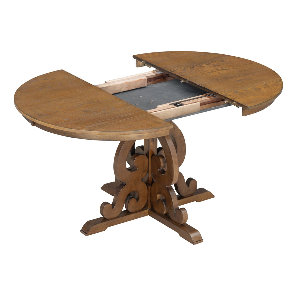 Harper & Bright Designs Farmhouse 5 Piece Kitchen Dining Table Set for 4, Solid Wood Extendable Round Dining Table Set and 4 Upholstered Chairs, Retro Dining Set for Kitchen, Natural Wood Wash