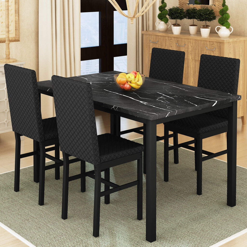 Cvortll 5 Piece Dining Table Set, Kitchen Table and Chairs Set for 4 with Faux Marble and 4 Velvet Upholstered Dining Chairs for Home, Restaurant, Black & Black
