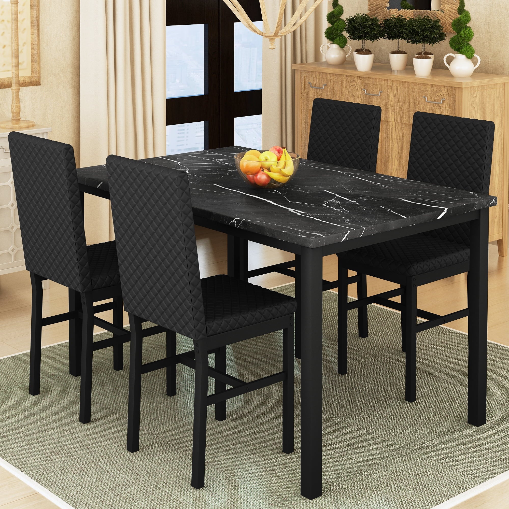 Cvortll 5 Piece Dining Table Set, Kitchen Table and Chairs Set for 4 with Faux Marble and 4 Velvet Upholstered Dining Chairs for Home, Restaurant, Black & Black