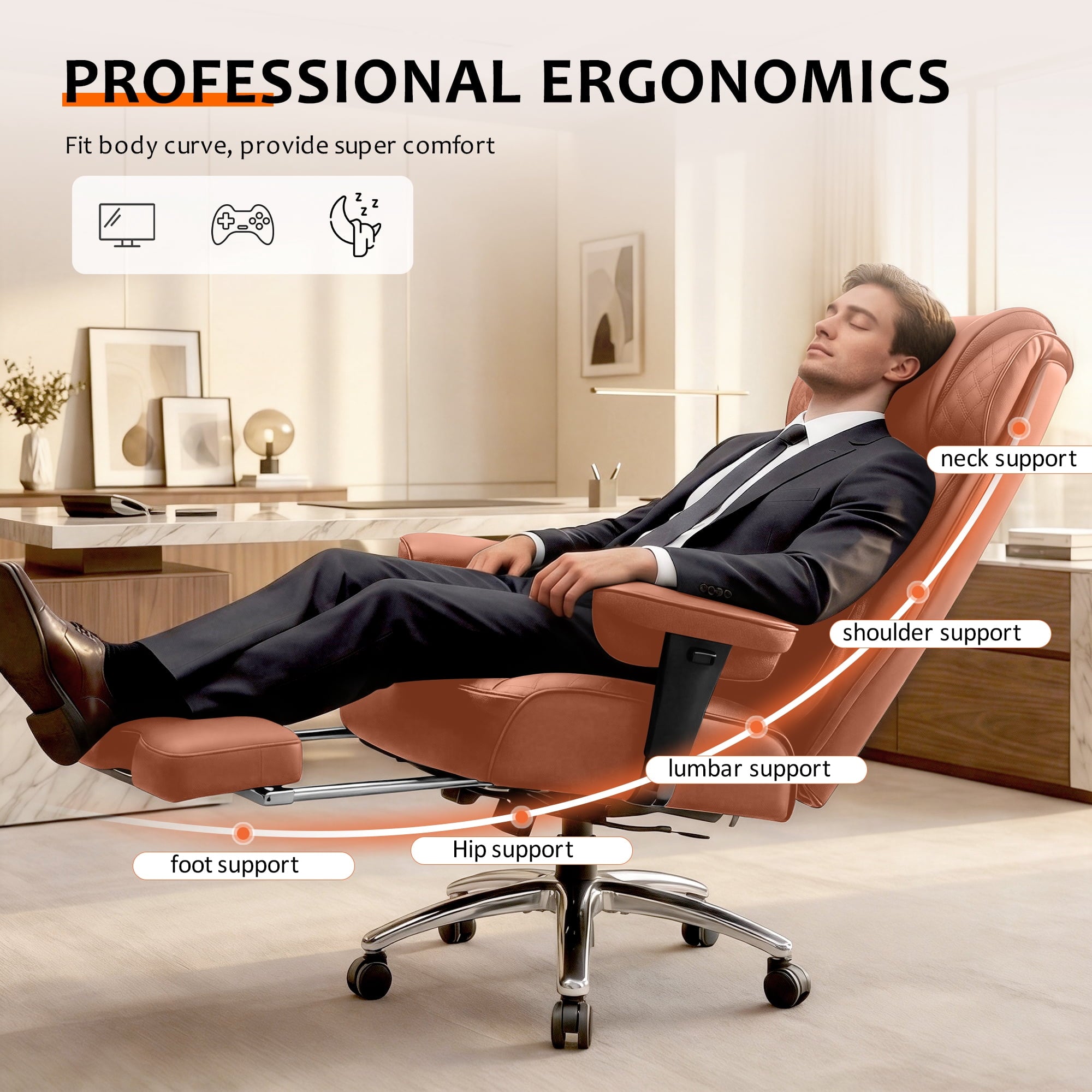 FASTES Office Desk Chair, Big and Tall Office Chair 400lbs Gaming Chair with Footrest, Ergonomic Executive High-Back Reclining Computer Chairs, Swivel Wheels and Lumbar Support, Black