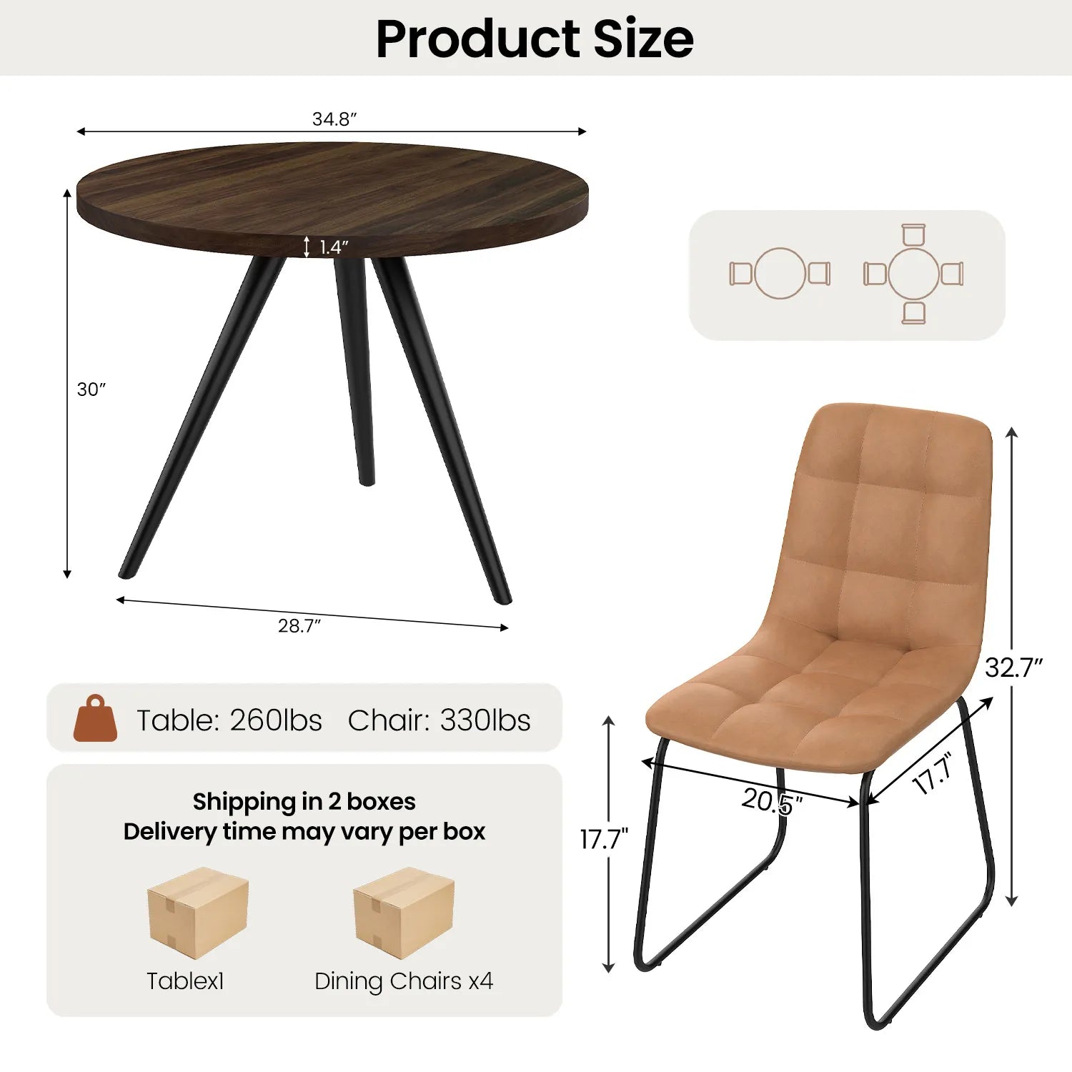 34.8 Round Dining Table for 4 People, Modern Circle Kitchen Table with Metal Legs for Kitchen, Dining Room, Apartment,Gray