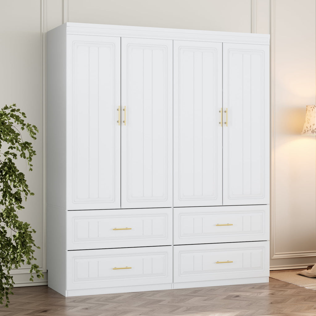 Oxylife 4-Door Wardrobe Armoire, Closet with Shelves and Drawers,Storage Cabinet with Rod for Bedroom, 93.3 H,White