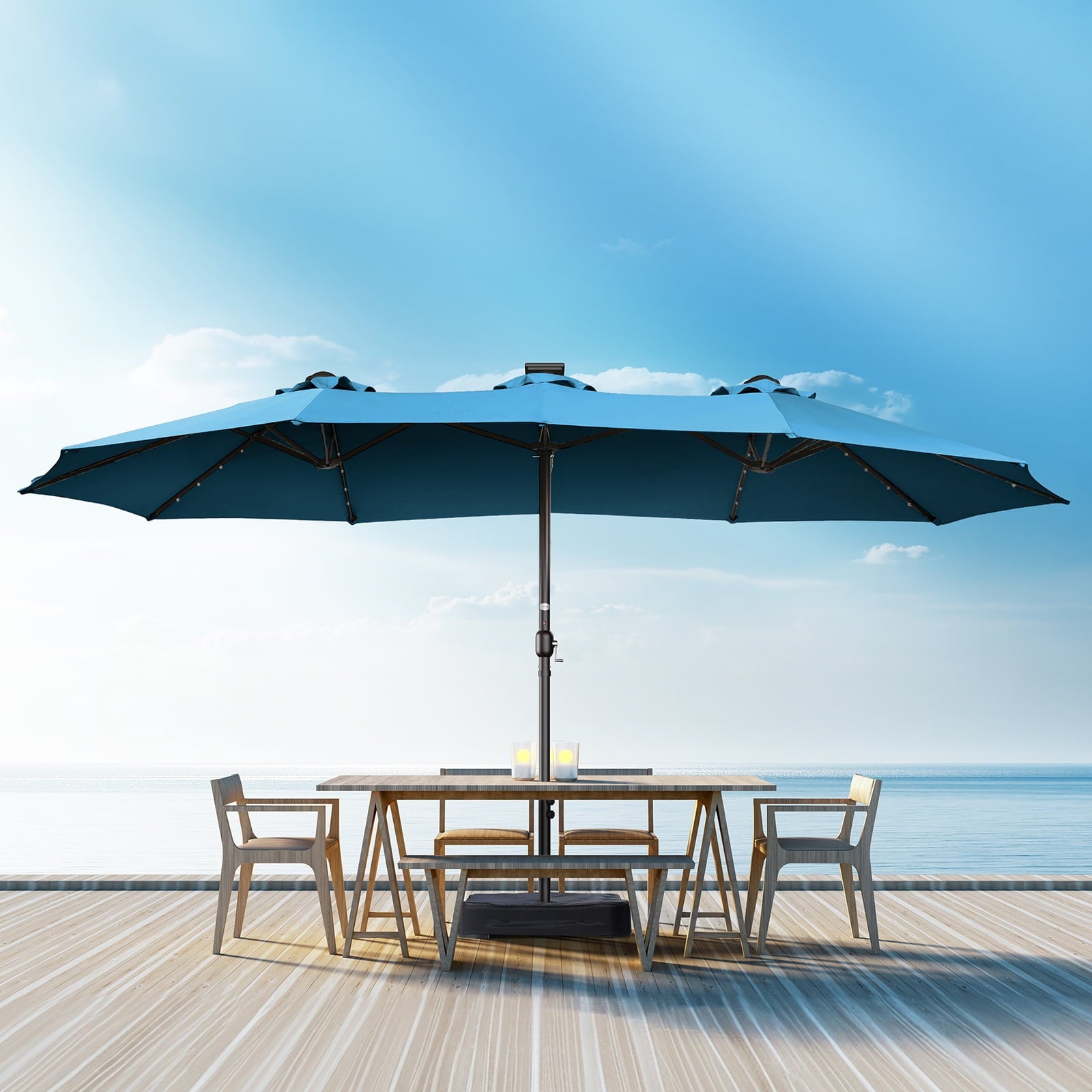 Patbrela 15ft Patio Umbrella with Light and Base, Double Sided  Large Rectangular Outdoor Umbrella with Crank Handle, for Garden, Yard, Poolside and Outdoor Activities, Gray