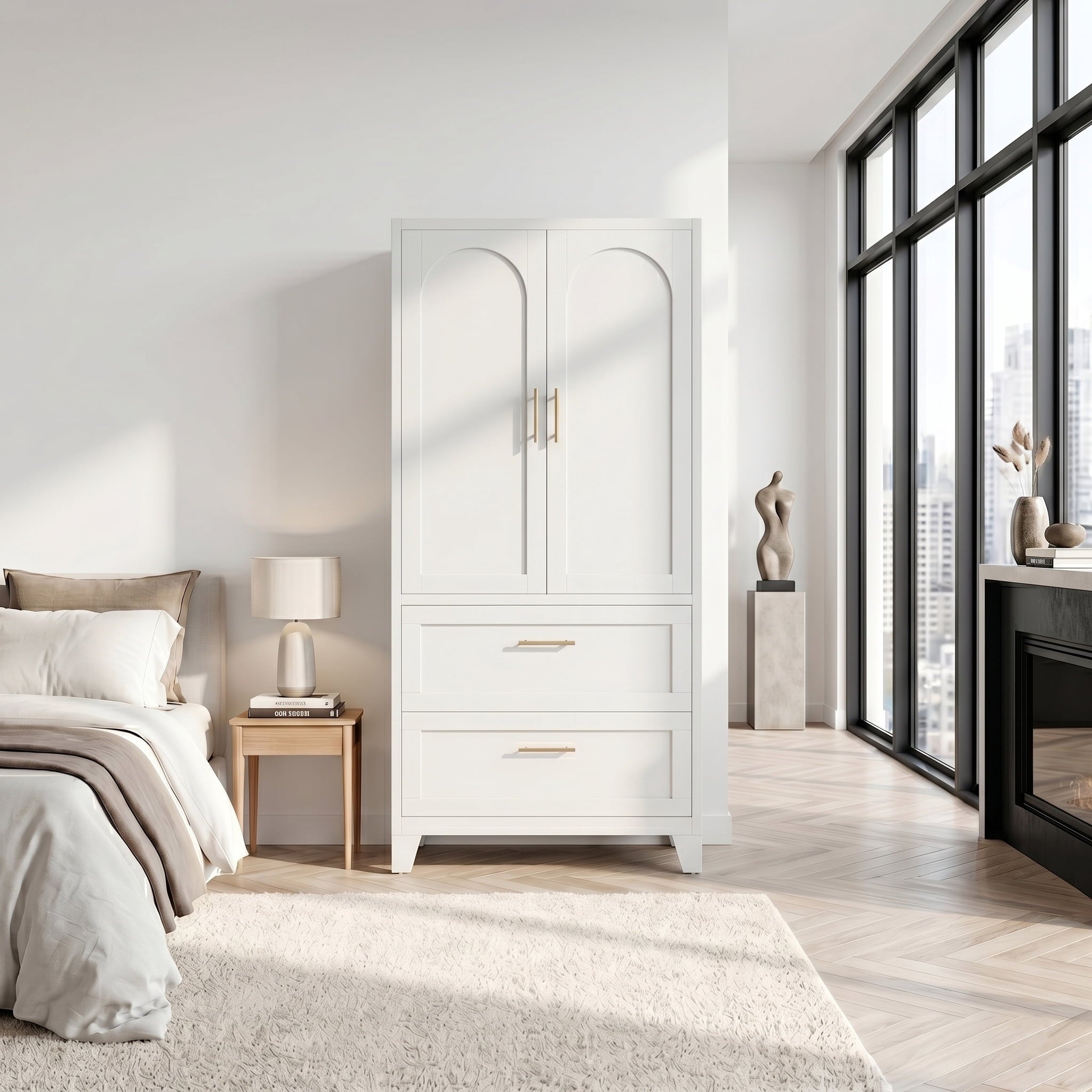 AISWORD 60 Tall Metal Wardrobe Cabinet with 1 Drawer and Hanging Rod, 2 Doors Closet with Adjustable Shelf, White