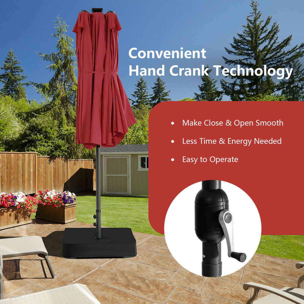 Gymax Outdoor 15' Double-Sided Patio Umbrella 48 Solar LED Lights Crank & Base Coffee
