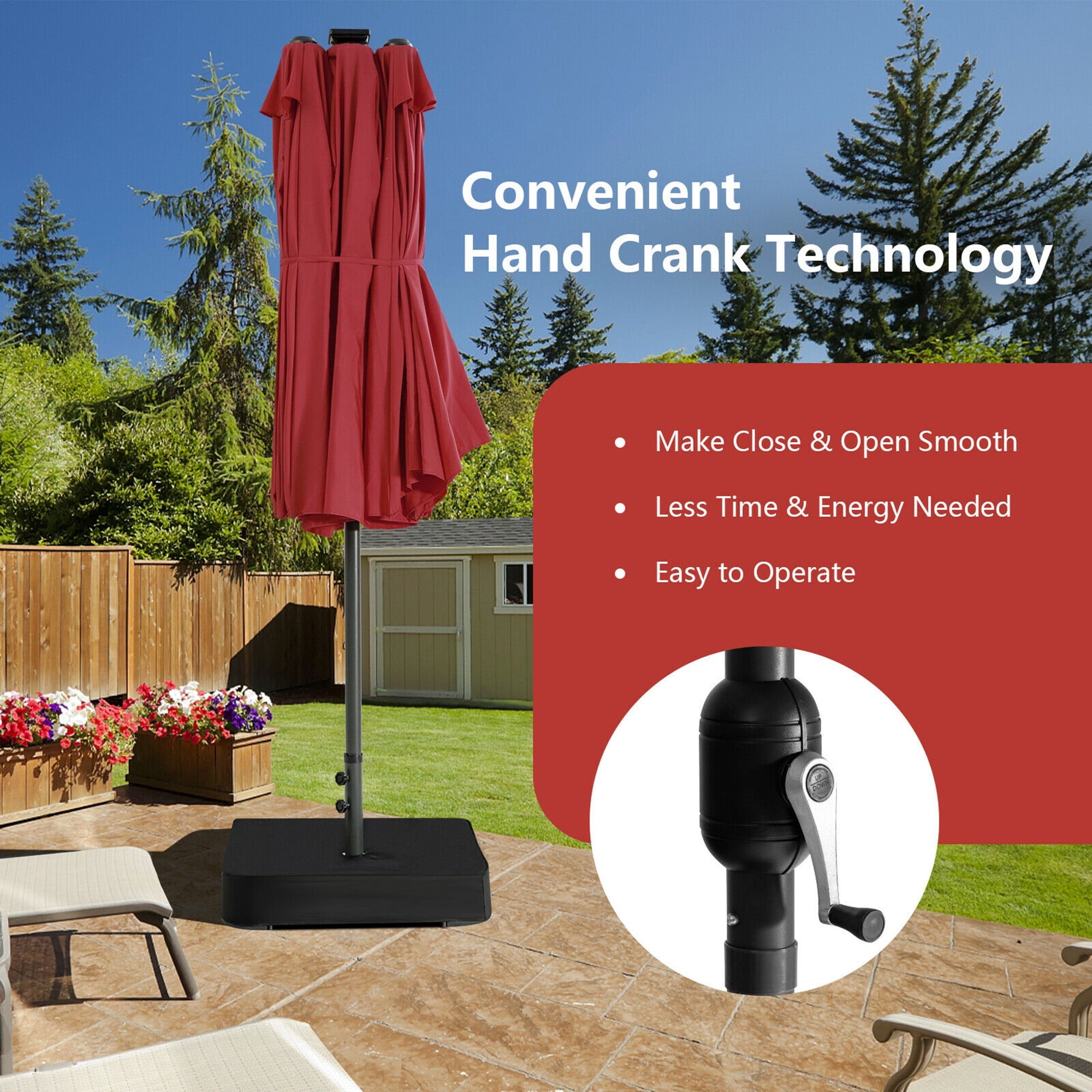 Gymax Outdoor 15' Double-Sided Patio Umbrella 48 Solar LED Lights Crank & Base Coffee