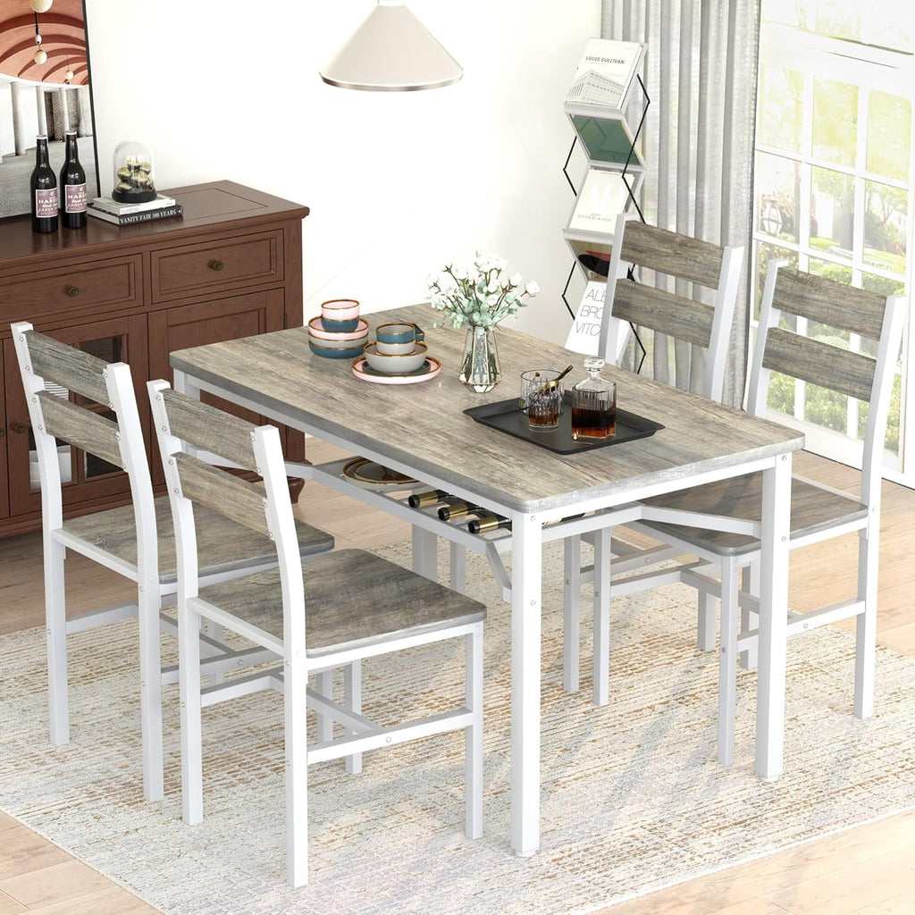 LinkRomat Dining Table Set for 4, Farmhouse Kitchen Table with 4 Wood Chairs, Dining Room Set for Breakfast Nook, Small Places, Restaurant, Gray