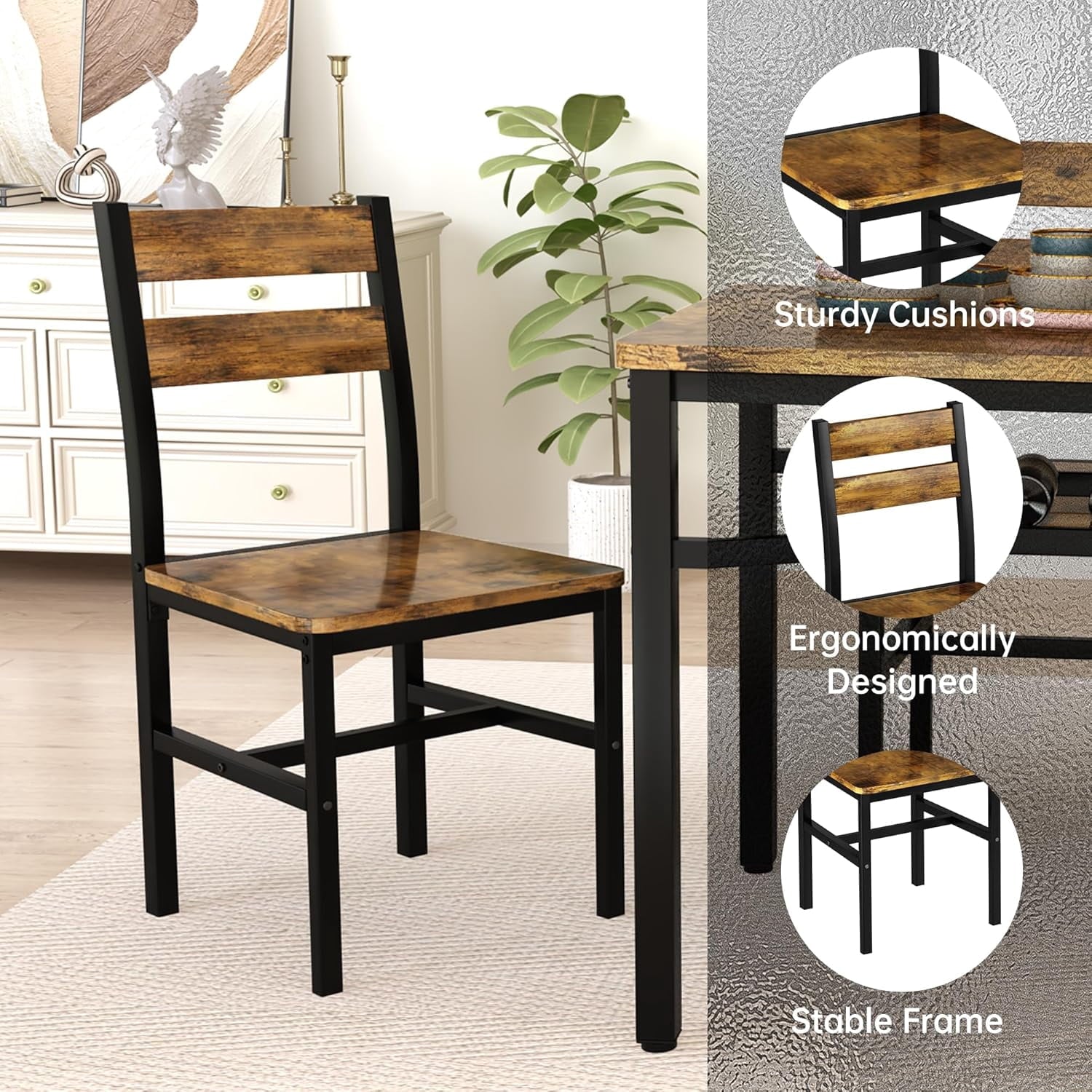 Lamerge 4 Person Dining Table Set, Wooden Dining Table 5 Piece Set with 4 Oak Metal Frame Chairs, Space Saving, Suitable for Apartments, Small Spaces, Kitchens, Breakfast Corners, Espresso Wood C