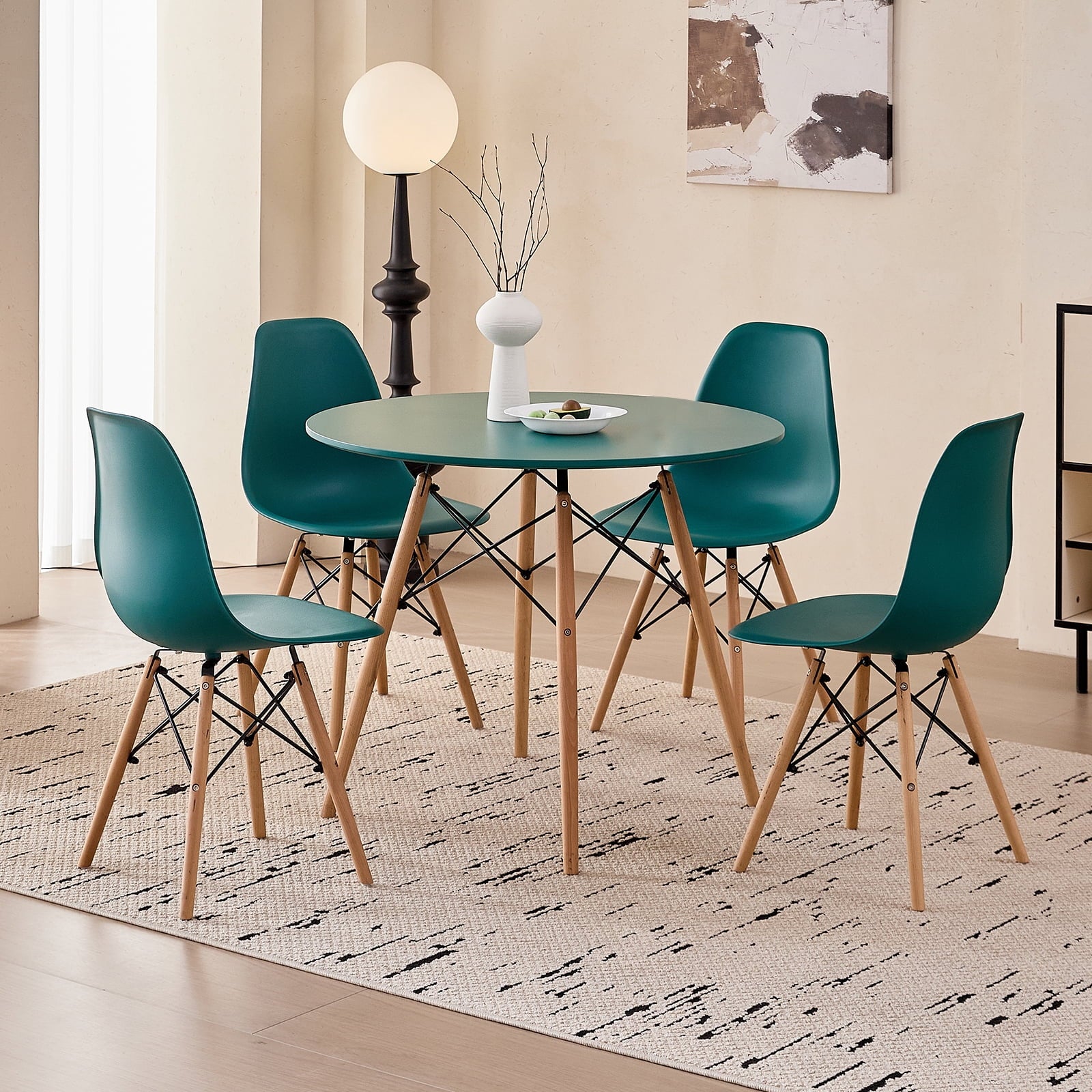5-Piece 35.5'' Round Dining Table Set for 4, Kitchen Table Chair Set of 4, Mid-Century Modern Dinette Dining Room Table Set Dinner Table for 4 W/Solid Wood Legs, White