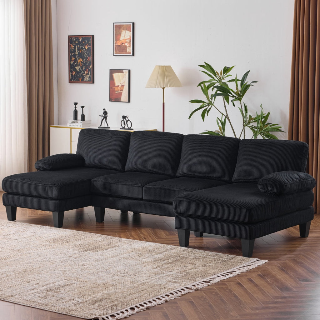Ktaxon U-Shaped Sectional Sofa, 111  Chenille Couch, 4 Seat Lounge Sleeper with Double Chaise for Living Room Black