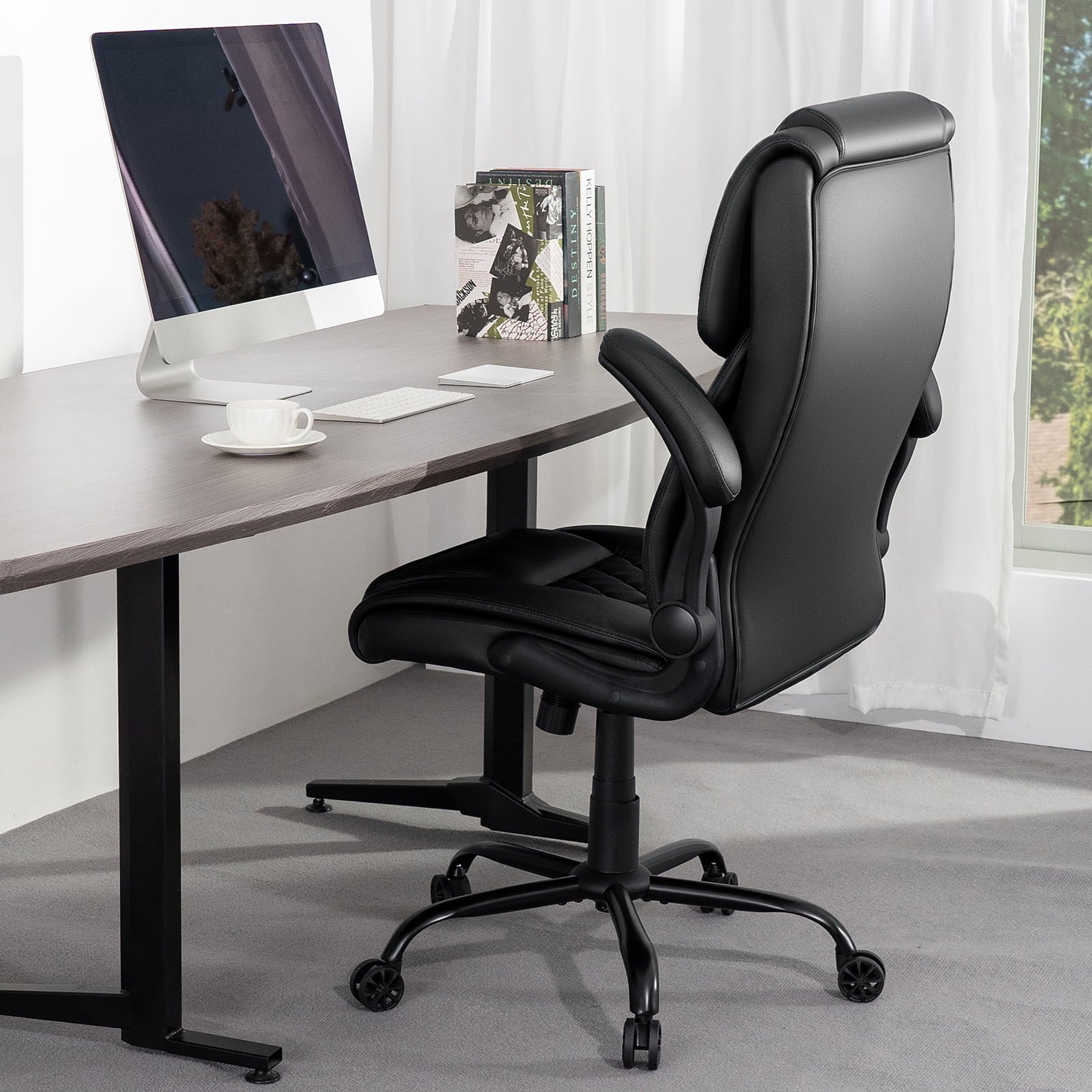 Hoffree Big and Tall Office Chair, 500lbs Executive Desk Chair with Adjustable Lumbar Support Ergonomic Computer Leather Chair with Padded Flip-up Arms for Home Office