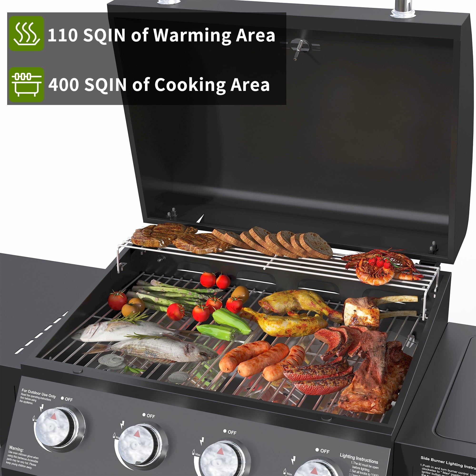 4 Burner Propane Gas Grill with 3 Tier Shelf, 50000 BTU Outdoor Cooking Stainless Steel BBQ Grills Cabinet,Can be Placed Smoke Box，Black