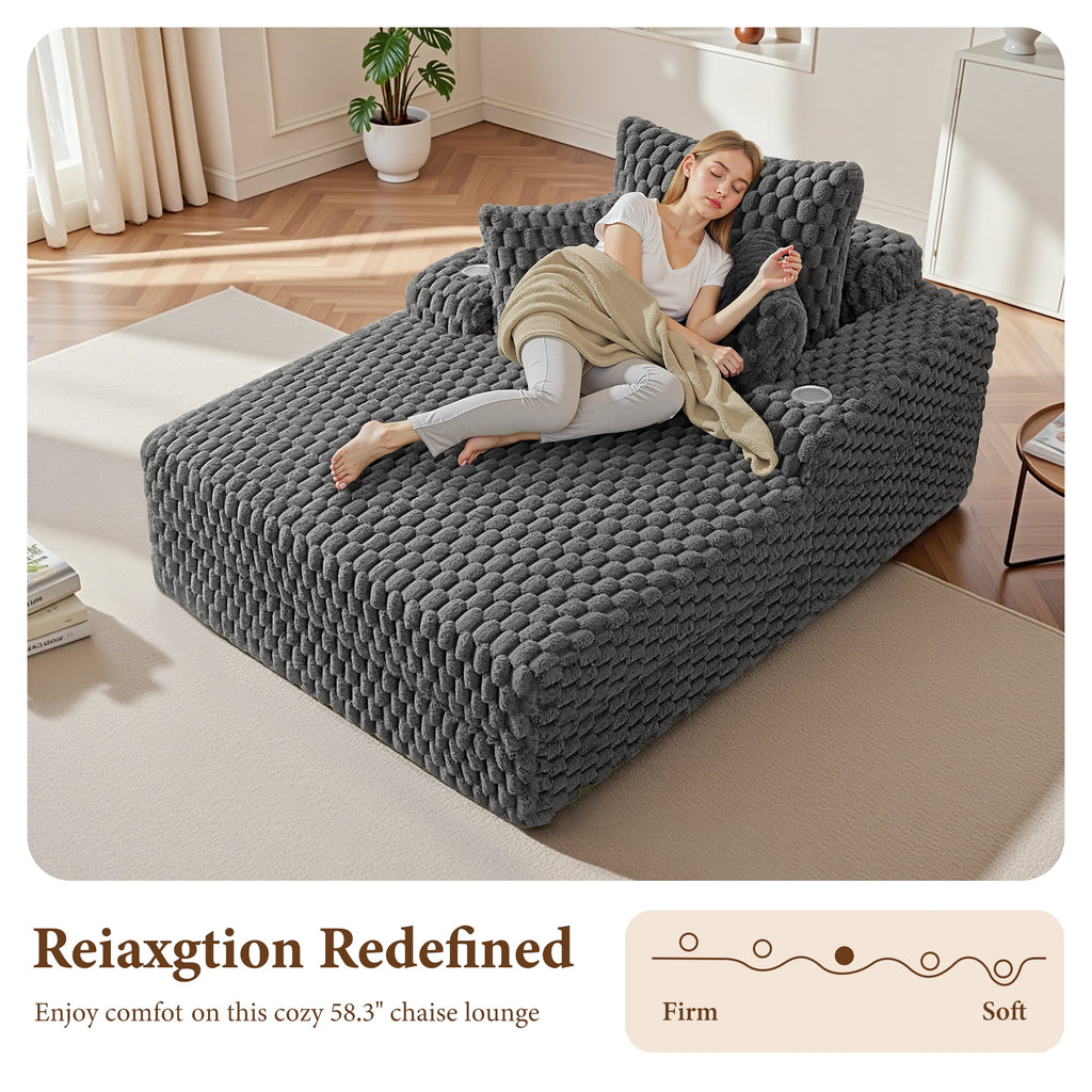 ATHOPE 67.3 Chaise Lounge Chair Indoor, Corduroy Couch Chair with Pillows, Comfy Reading Chairs with Wide Arms, Upholstered Sleeper Sofa for Living Room, No Assembly Required, Gray