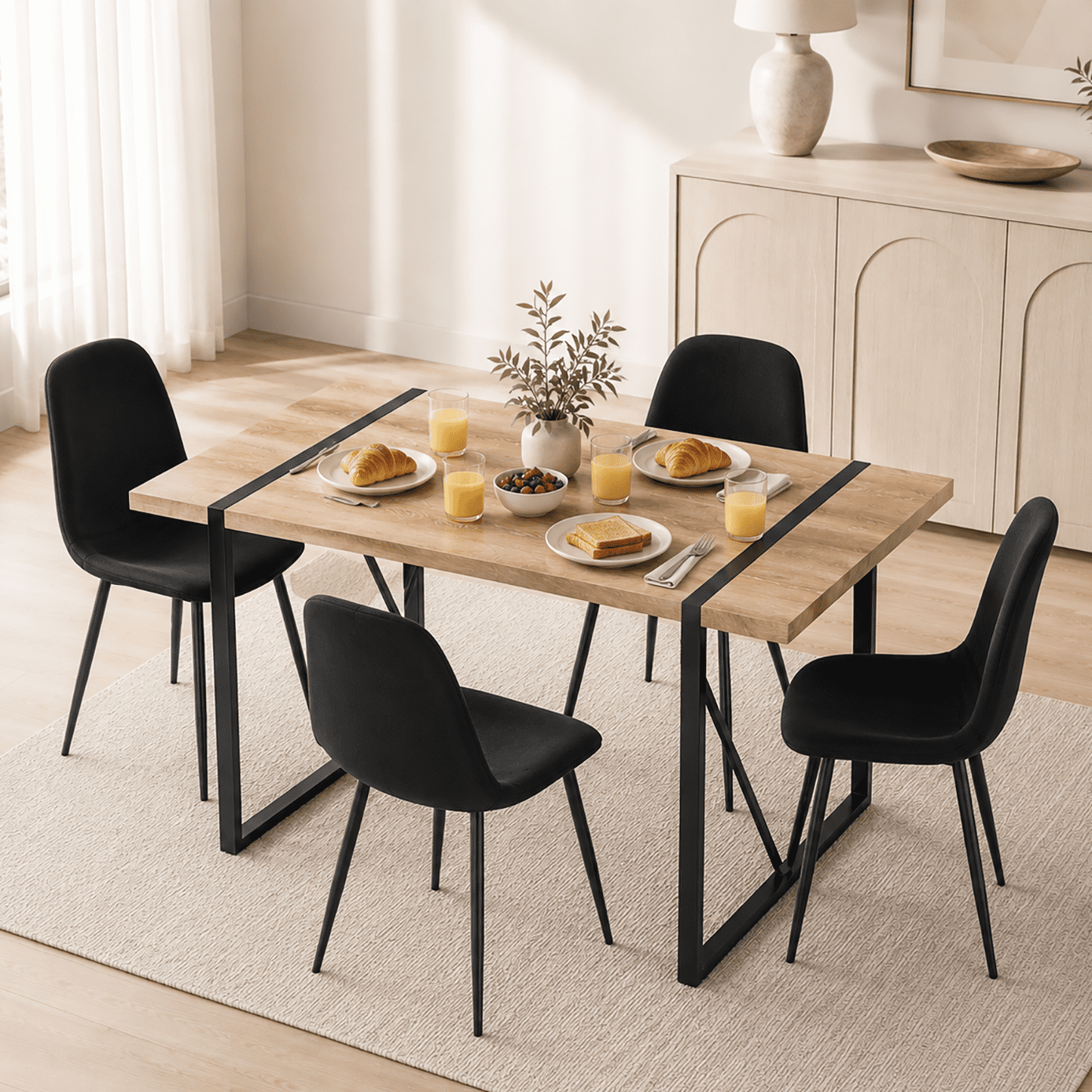 JUFU 55 Dining Table Set for 4, Modern Table and Chairs Set of 4, 5 Piece Dining Table Set Include Wooden Kitchen Table and 4 Faux Leather Chairs Ideal for Kitchen Dining Room Easy to Assemble
