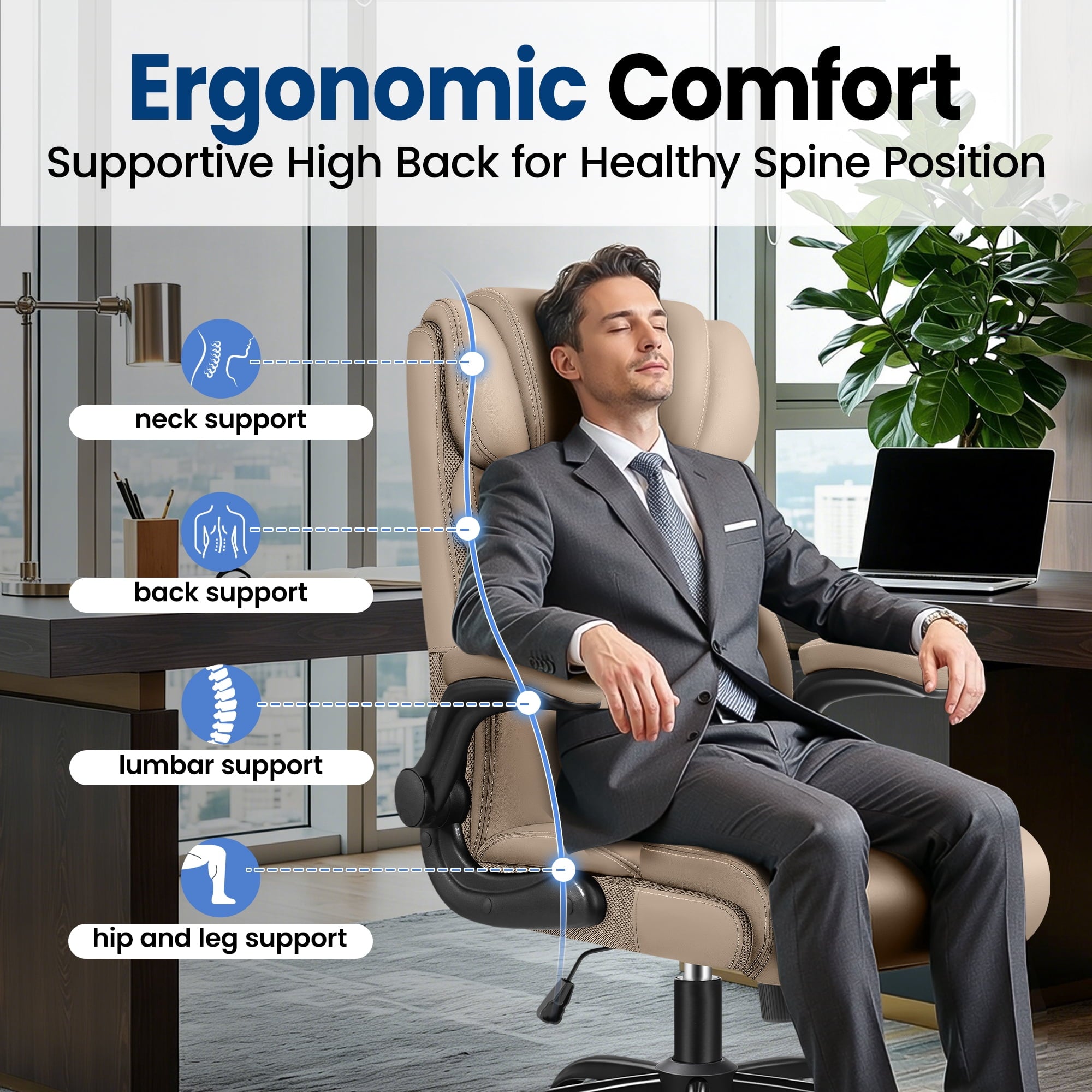 STACOO High Back Executive Office Chair 400lbs, Big and Tall Ergonomic Desk Chair with Lumbar Support & Flip-up Armrests, PU Leather Swivel Chair with Adjustable Height – Brown