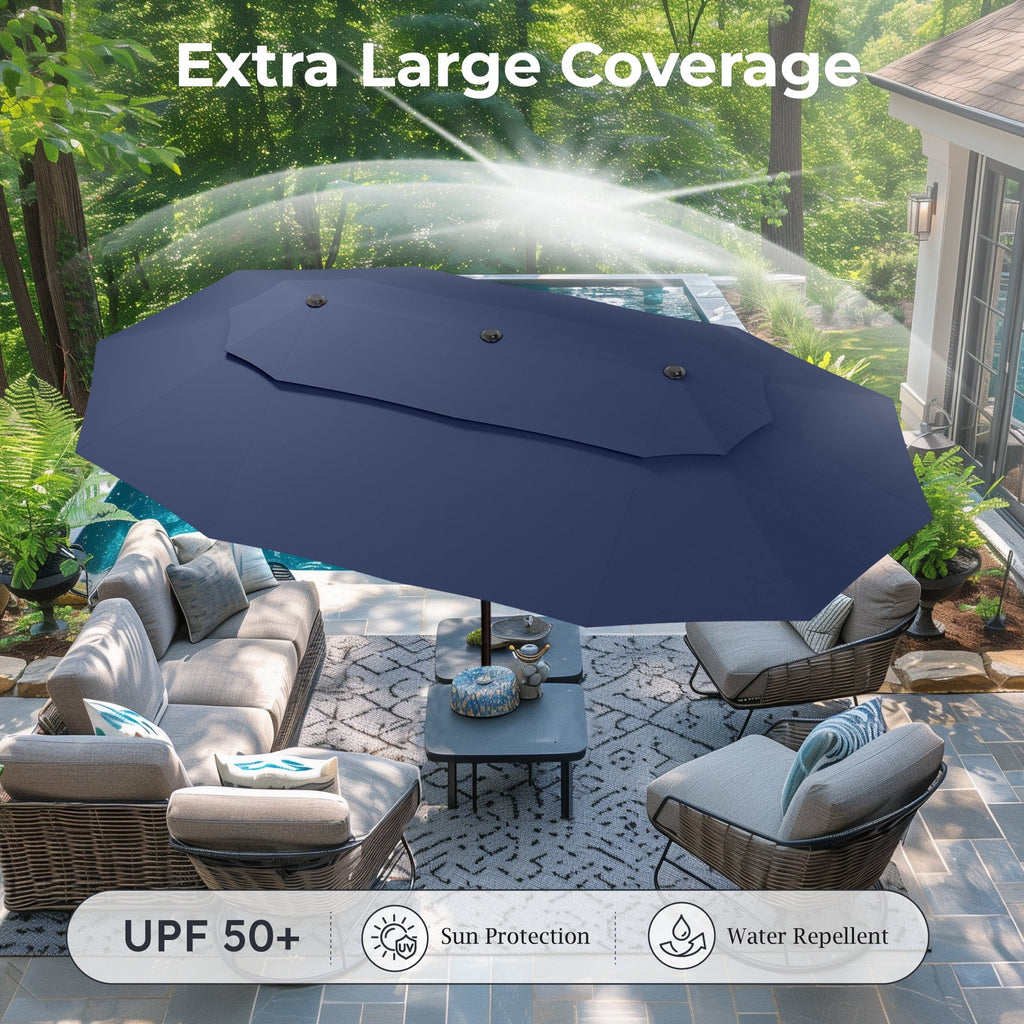 Alpha Joy 15ft Dual-Layer Outdoor Patio Umbrella Extra-Large Double-Sided Garden Umbrella with Ventilation and Base - Beige