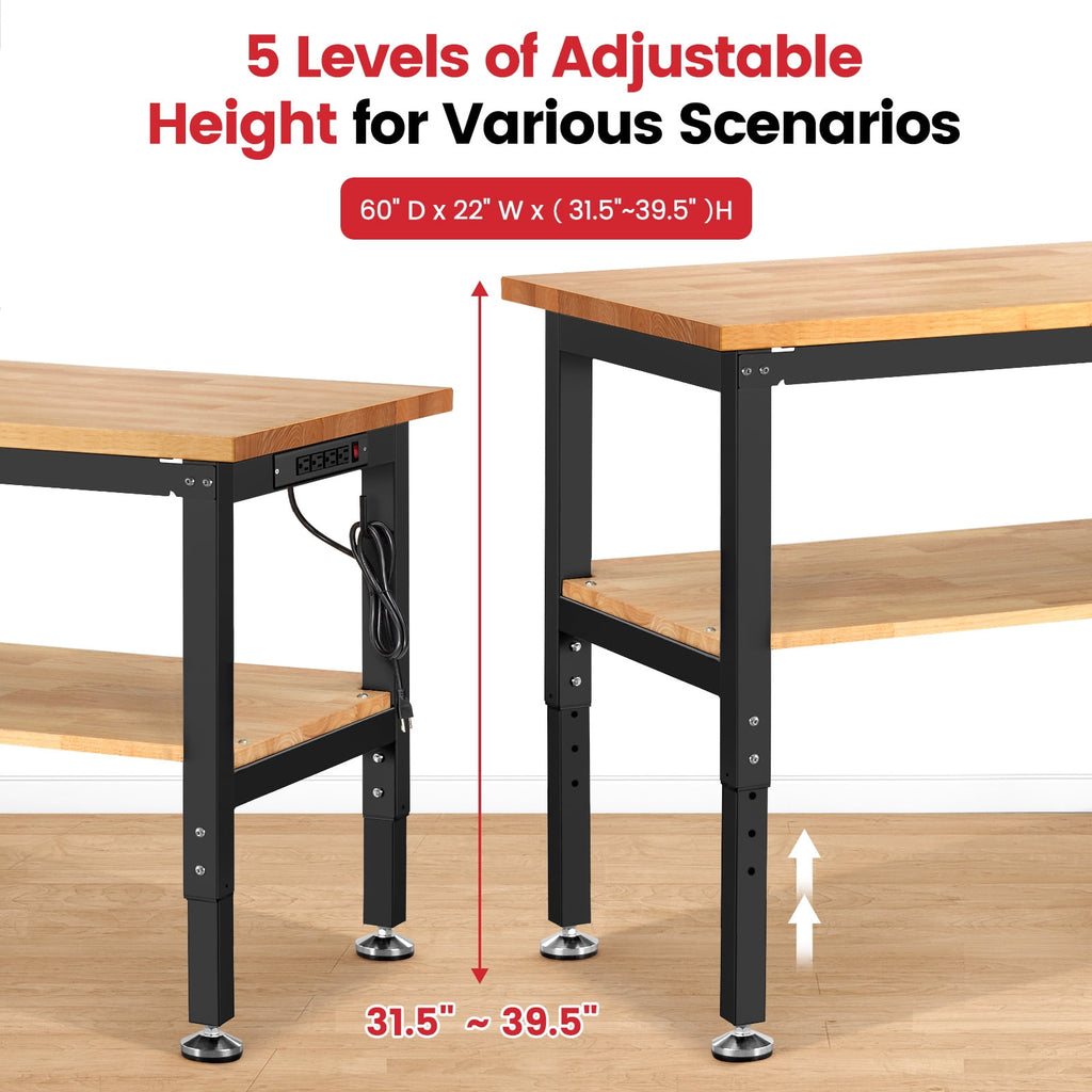 Workbench for Garage,ENJOYWOOD Heavy-Duty 60 inch 2 Tier Wood Work Bench with Storage Pegboards,Rubber Mat,Power Outlets, Rubber Wood Tabletop 2000 LBS Load Bearing Workstation Garage Desk Work Table