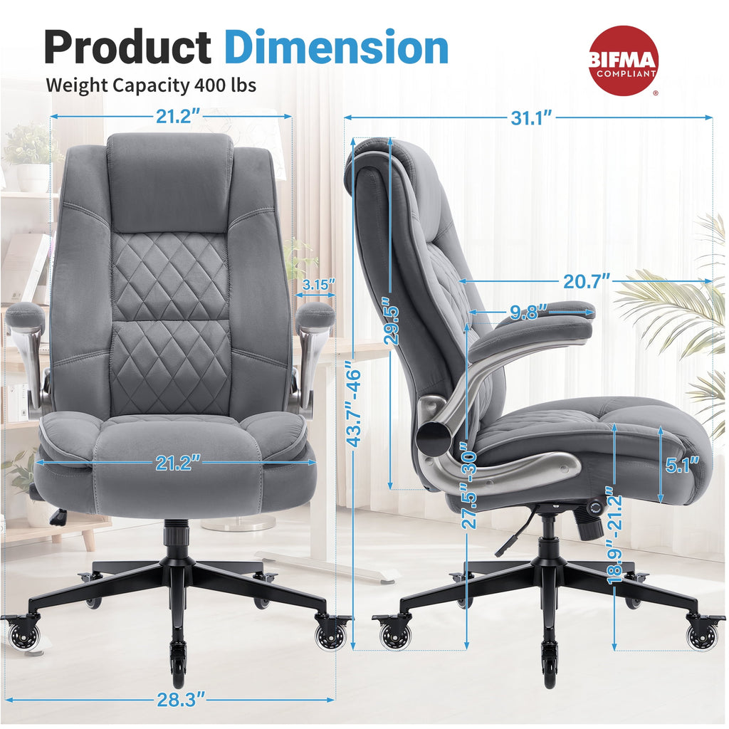 Ergonomic Home Office Chair with Locking Wheels, High-back Desk Chair with Thick Padded Flip-up Armrest, Comfy Executive Chair with Adjustable Lumbar Support for Home & Office & Work