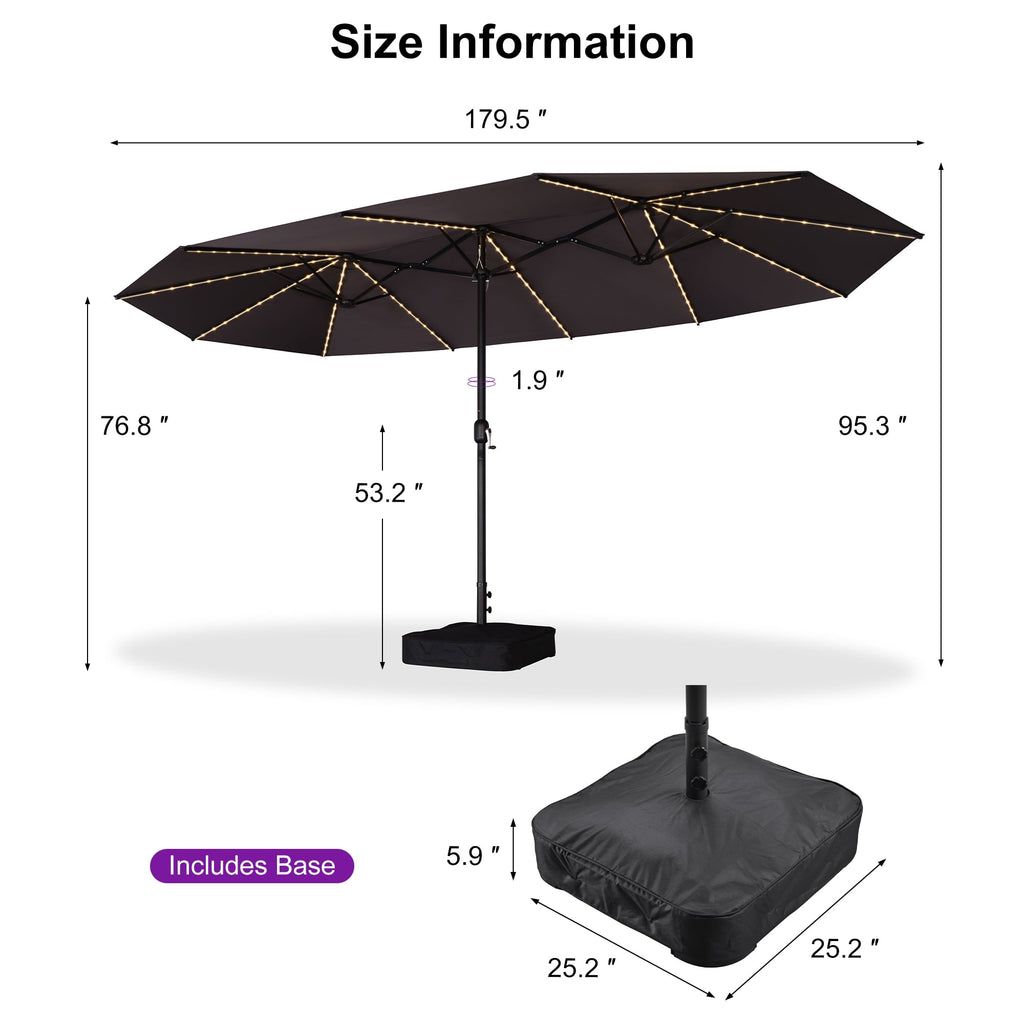 PURPLE LEAF 13ft Market Patio Umbrella with Solar LED and Base Double-Sided Sun Umbrellas for Pool Beach Deck Backyard Taupe