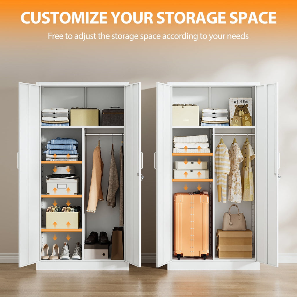 STANI Metal Wardrobe Closet with Hanging Rod, 72 White Armoire Wardrobe Cabinet with Adjustable Shelves, Clothes Storage Organizer Cabinets for Bedroom, Bathroom, Office
