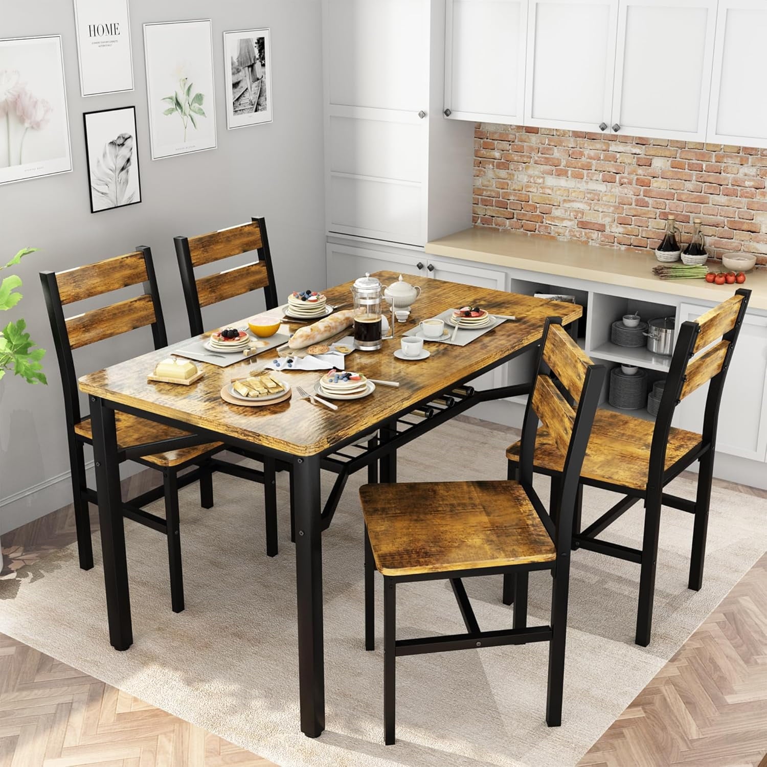 LinkRomat Dining Table Set for 4, Farmhouse Kitchen Table with 4 Wood Chairs, Dining Room Set for Breakfast Nook, Small Places, Restaurant, Gray
