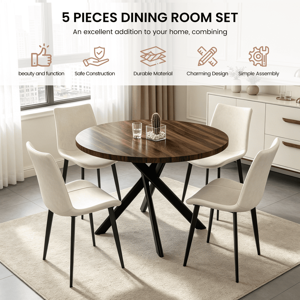 43.5 Round Dining Table for 4, Space Saving Kitchen Table with Metal Legs, Mid Century Modern Dining Table for Dining Living Room Apartment Small Space
