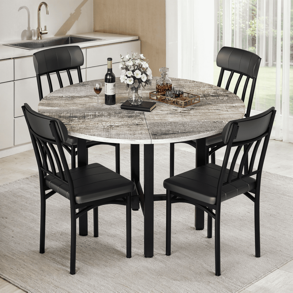 Lamerge Round Dining Table Set for 4,Wood Round Kitchen Table and Chairs Set for 4,Modern Dining Room Table Set with 4 Faux Leather Chairs,Round Dinner Table for Small Space,Brown