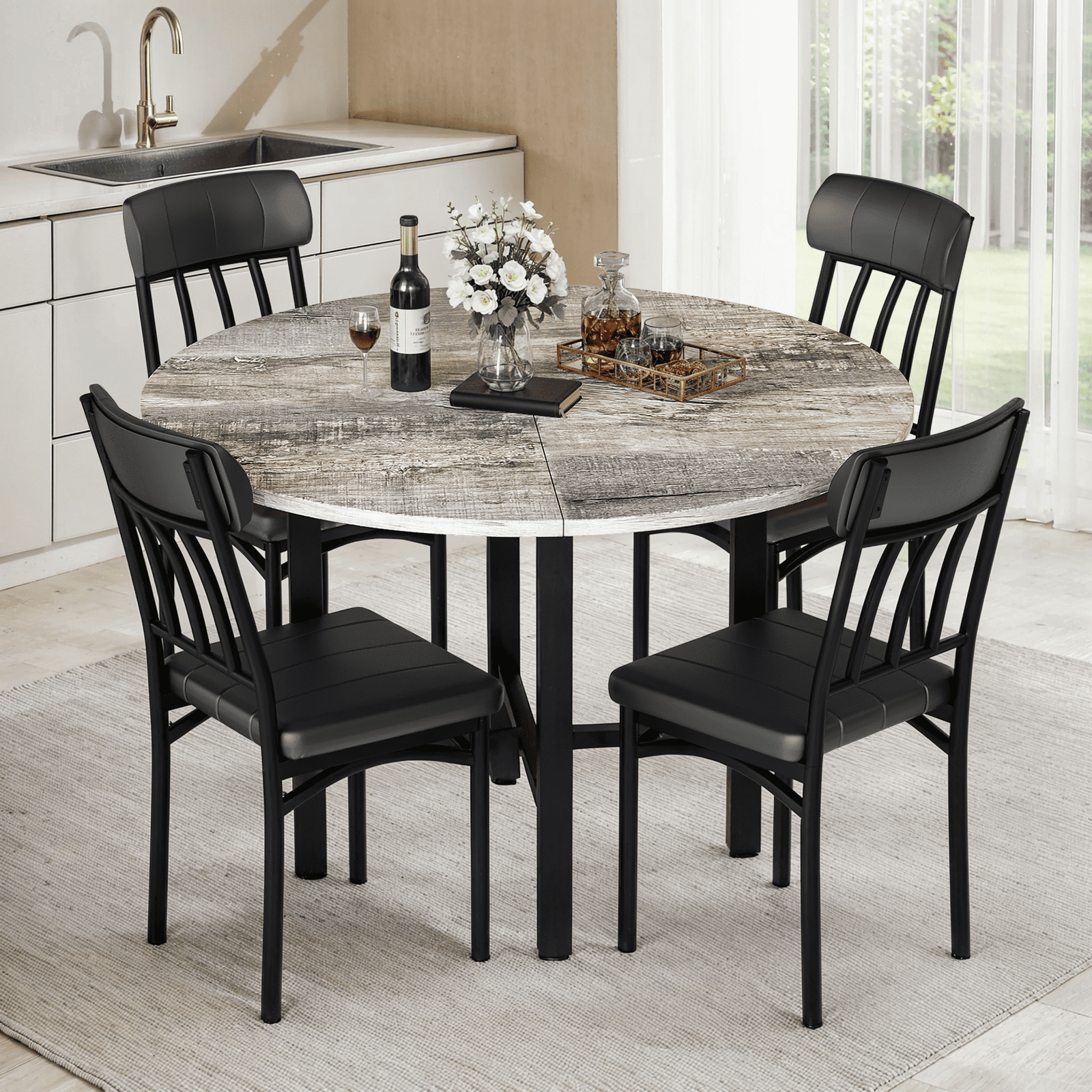 Lamerge Round Dining Table Set for 4,Wood Round Kitchen Table and Chairs Set for 4,Modern Dining Room Table Set with 4 Faux Leather Chairs,Round Dinner Table for Small Space,Brown