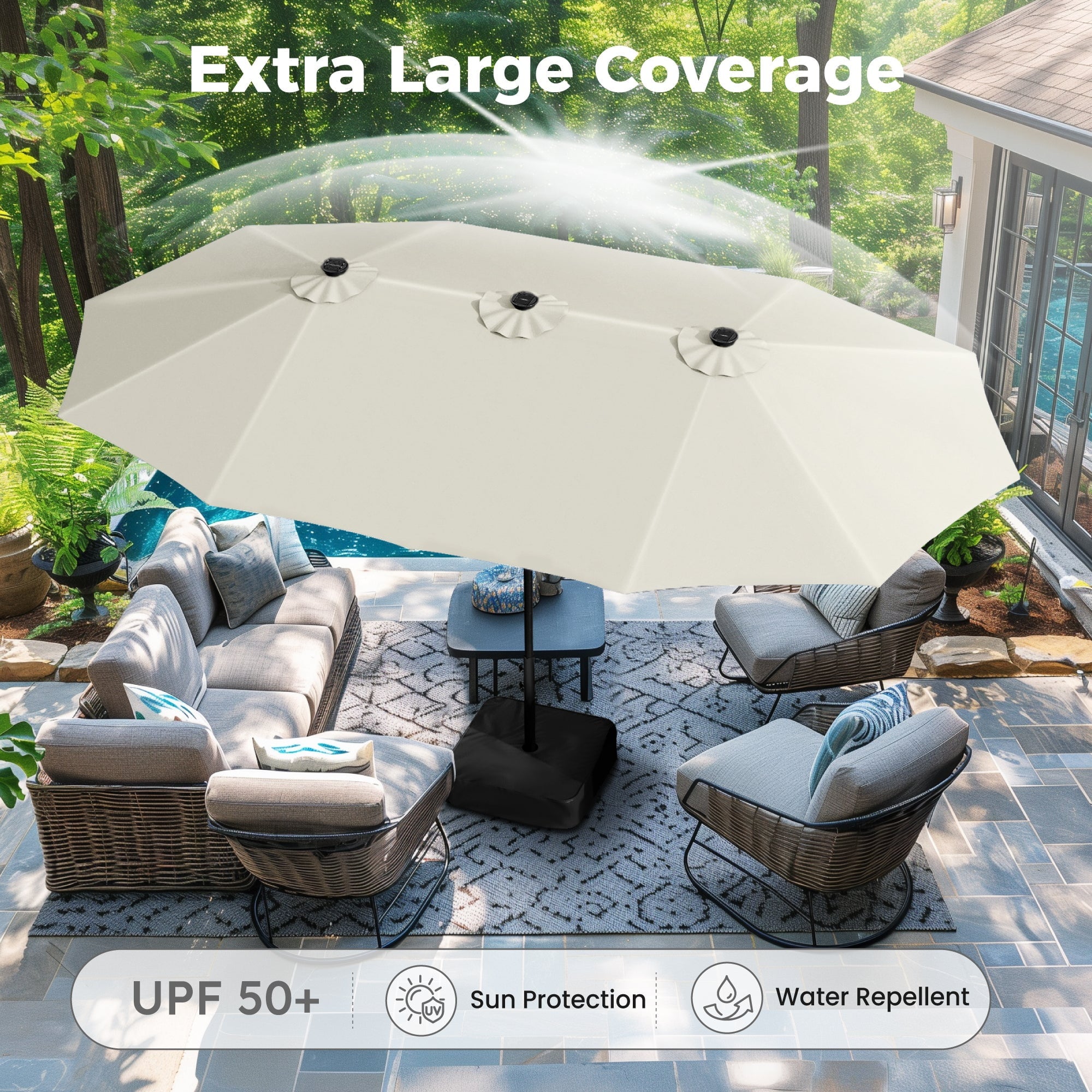 Alpha Joy 15ft Extra Large Outdoor Patio Double-Sided Umbrella with LED Solar Lights & Umbrella Base, Beige