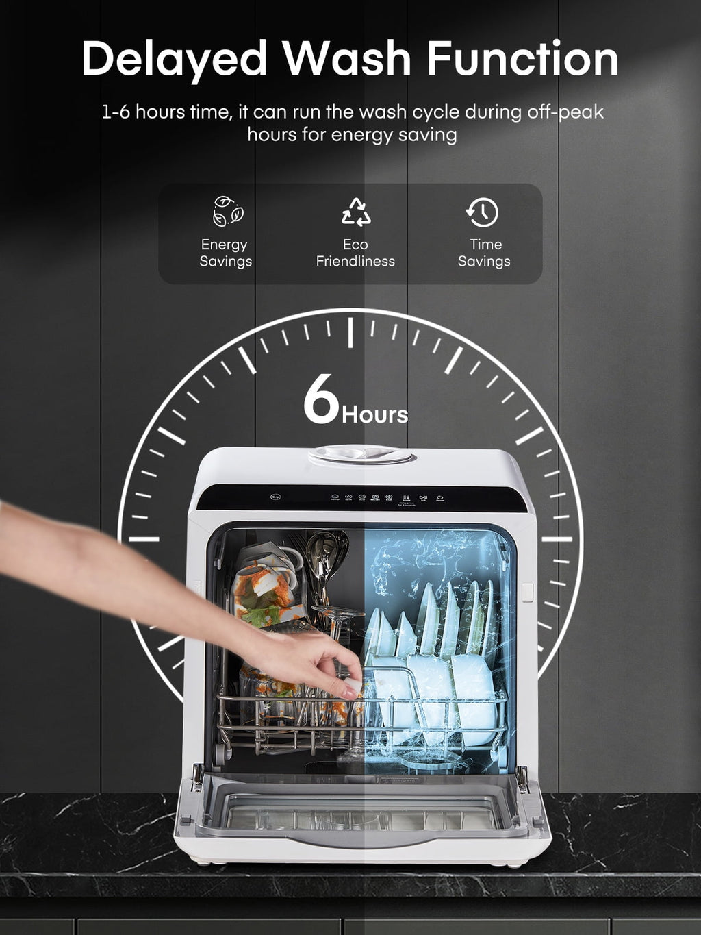 FOHERE Countertop Dishwasher with 6H Delay Cleaning, Portable Dishwasher w/5L Built-in Water Tank, 6 Programs, 360°Dual Spray, High-Temp