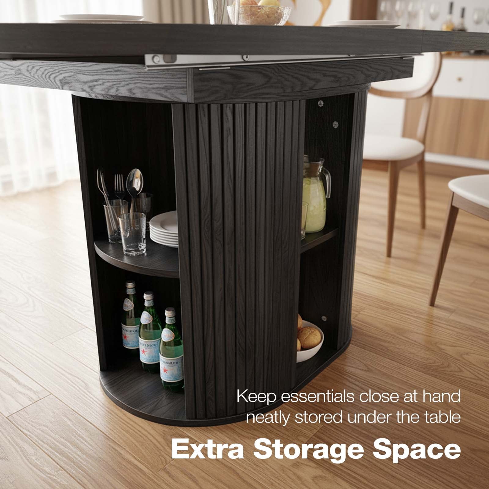 Advwin 59 Extendable Round Dining Table for 4–8, Modern Wood Oval Kitchen Table with Storage Shelf, Space-Saving Expandable Circle Dinner Table for Dining Room, Black