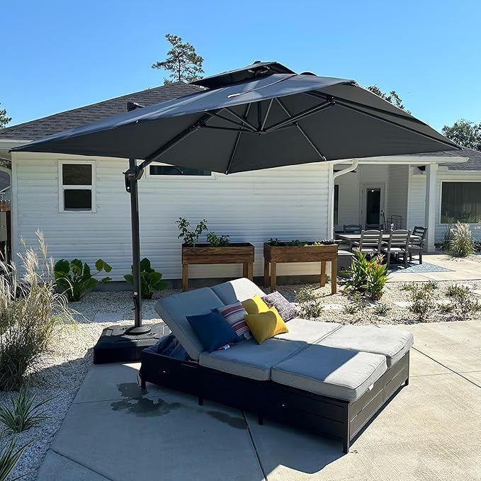 PURPLE LEAF Cantilever Umbrellas 12FT Square Large Patio Umbrella Offset Umbrella with 360°Rotation Tilting And Hanging Double Top, Grey