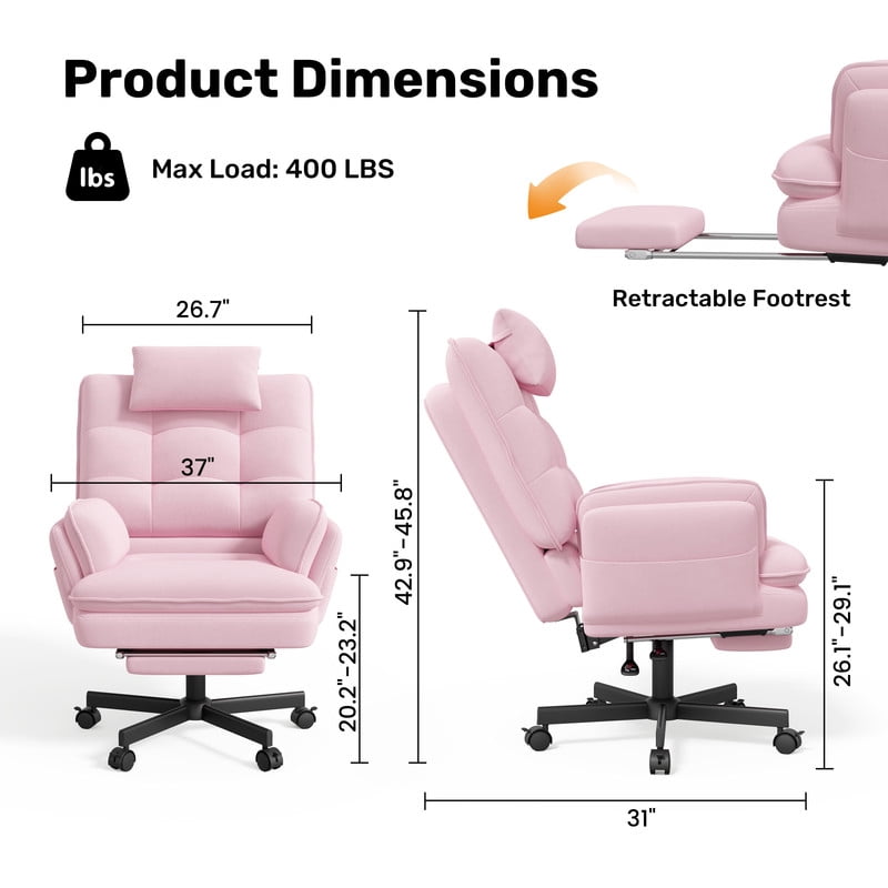 Hawsaiy Big and Tall Office Chair with Footrest, Ergonomic Executive Desk Chair with Flip-Up Arms, Reclining High Back Computer Chair with Headrest & Side Pockets, White